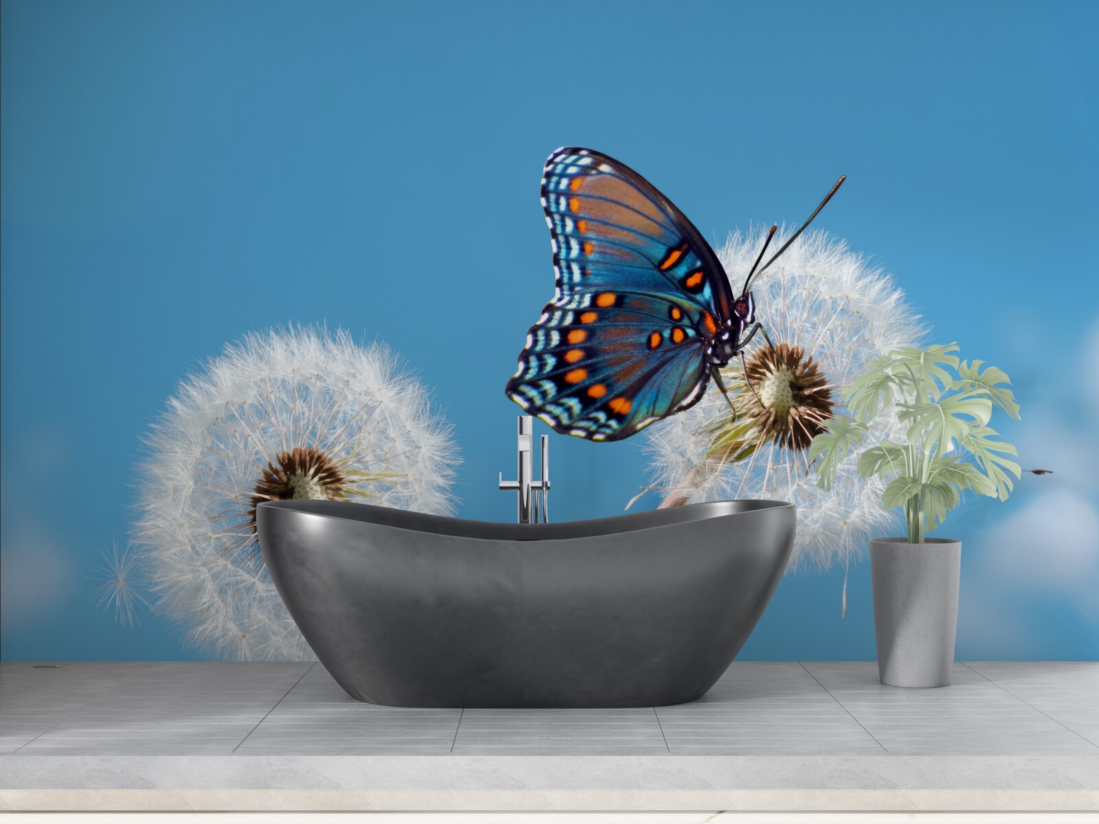 Fototapeten Der Schmetterling sitzt auf einem verdorrten Löwenzahn