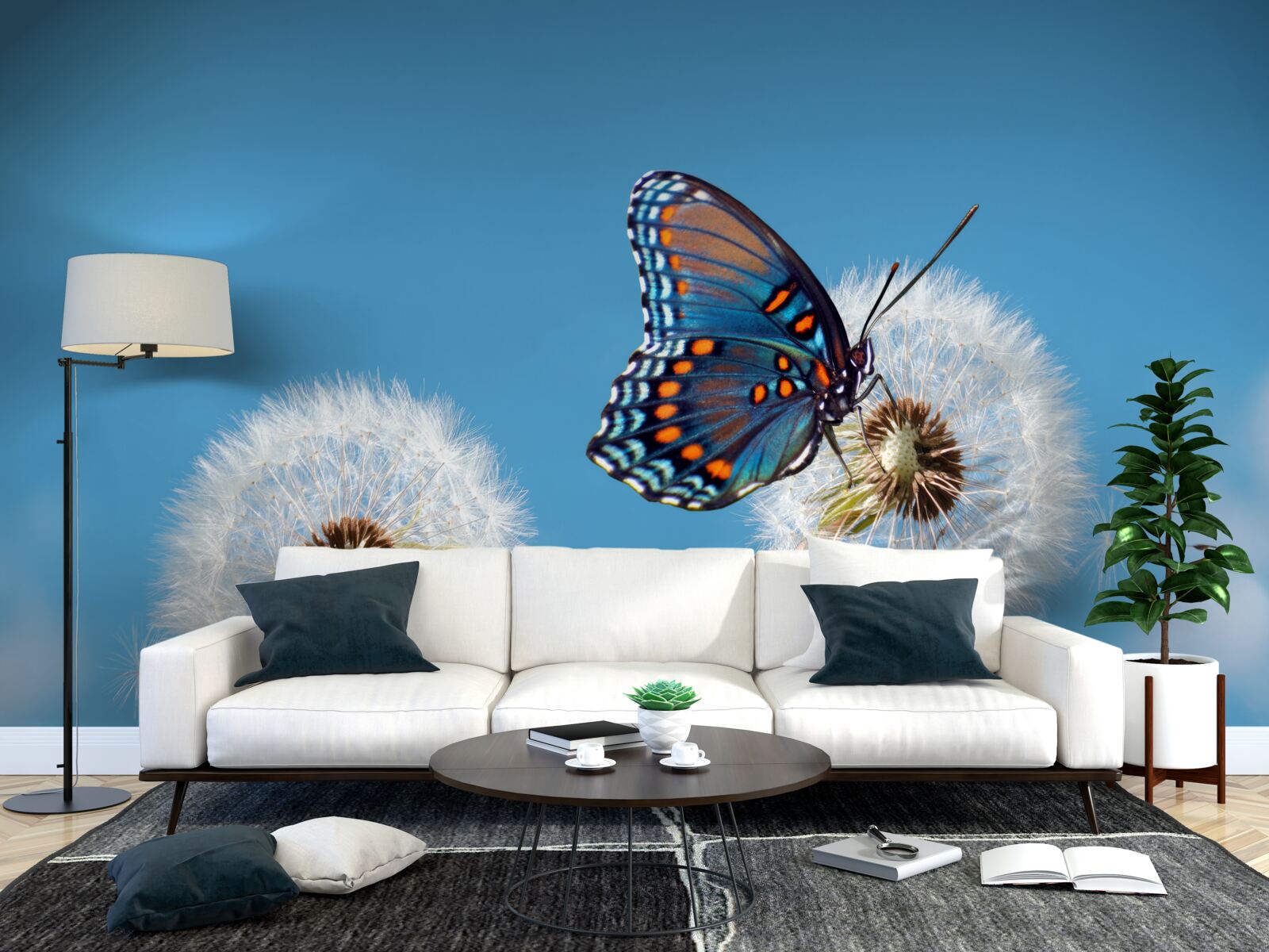 Fototapeten Der Schmetterling sitzt auf einem verdorrten Löwenzahn