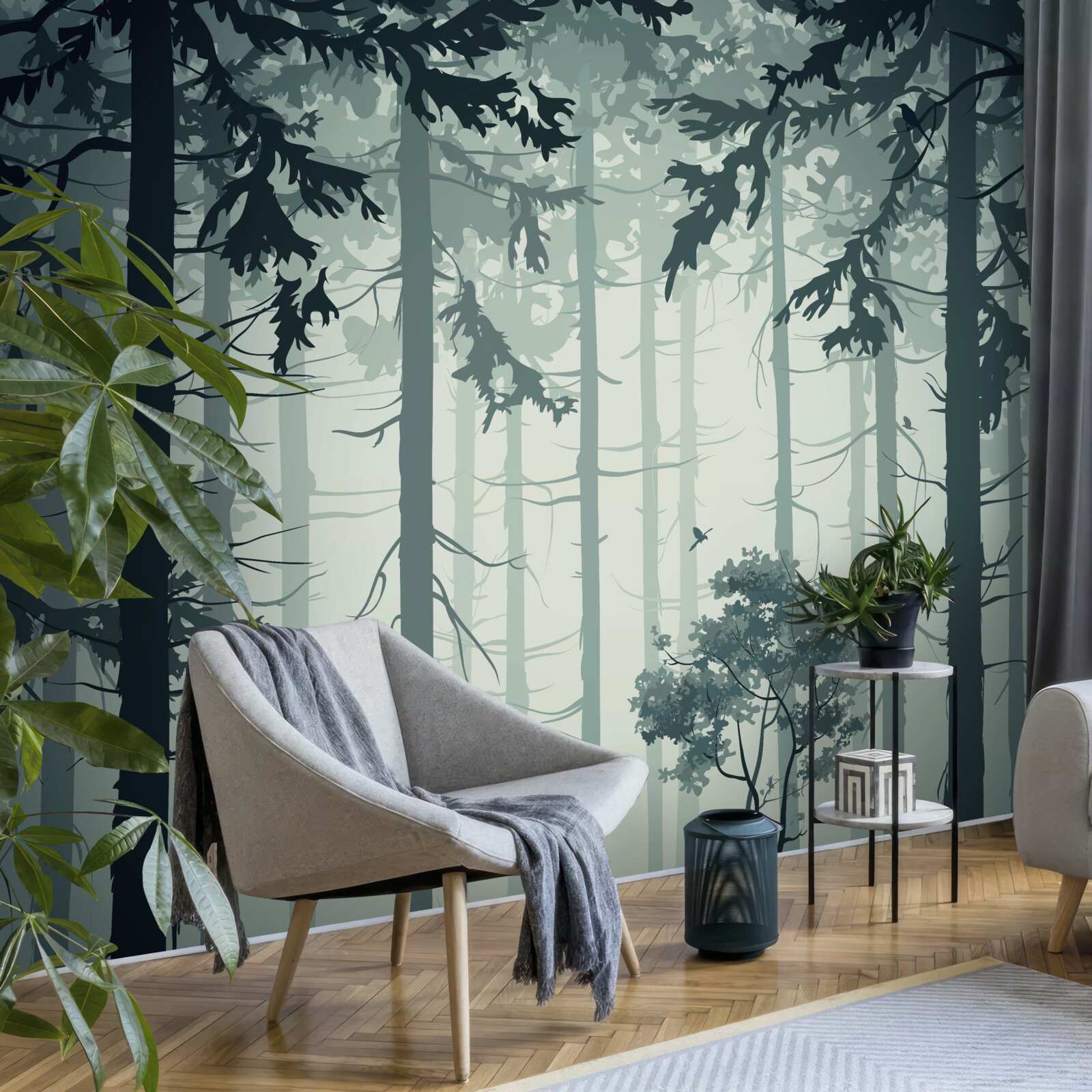 Fototapeten Ein Wald mit einem mysteriösen Nebel bedeckt