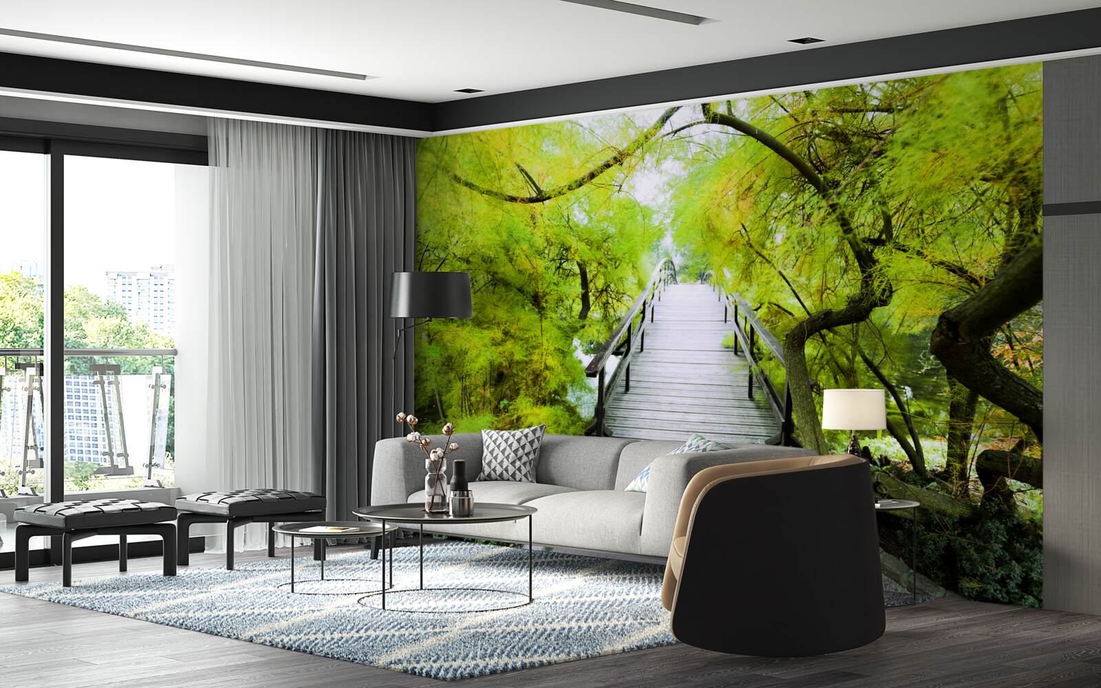 Fototapeten Treppen führen durch Grünflächen