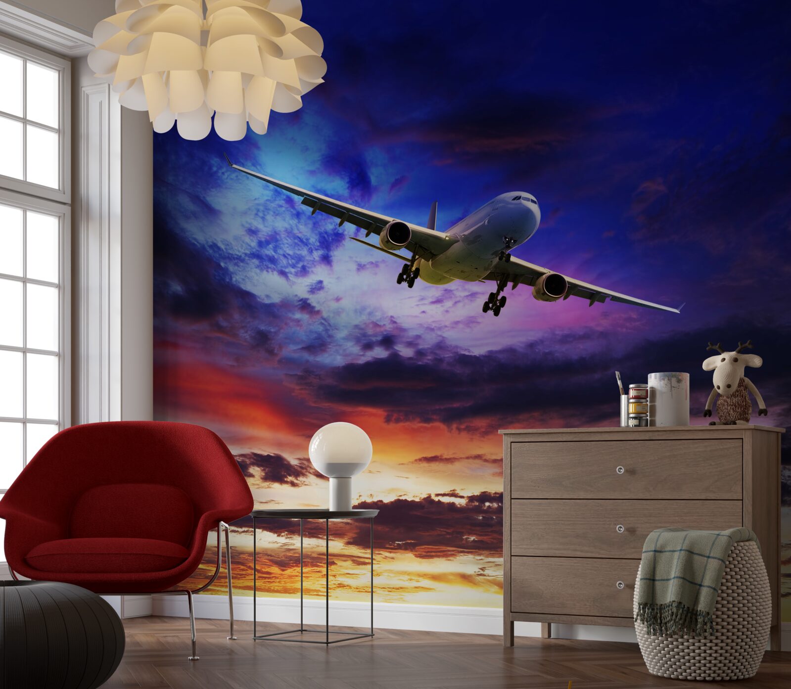 Fototapeten Passagierflugzeug am Abendhimmel