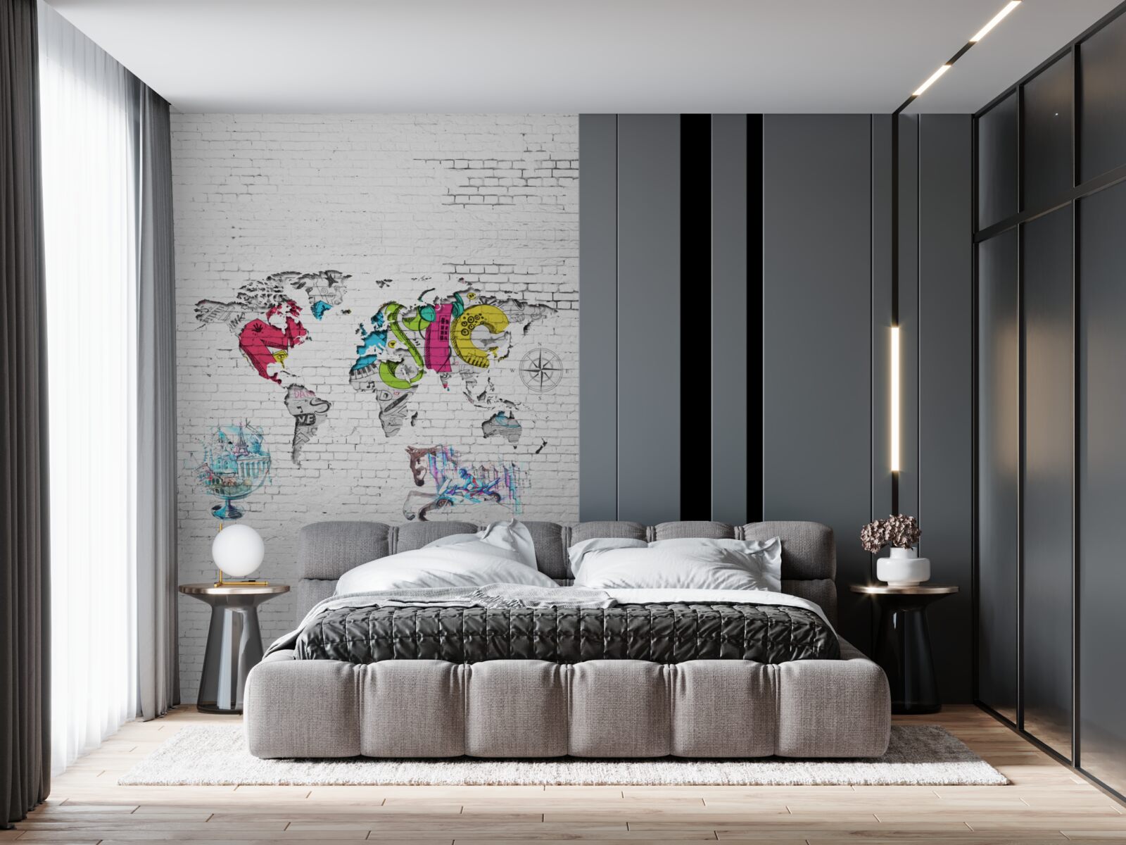 Fototapeten Karte der Welt in verschiedenen Farben an einer weißen Wand