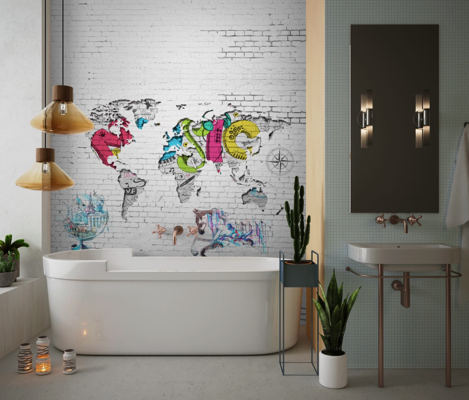 Fototapeten Karte der Welt in verschiedenen Farben an einer weißen Wand