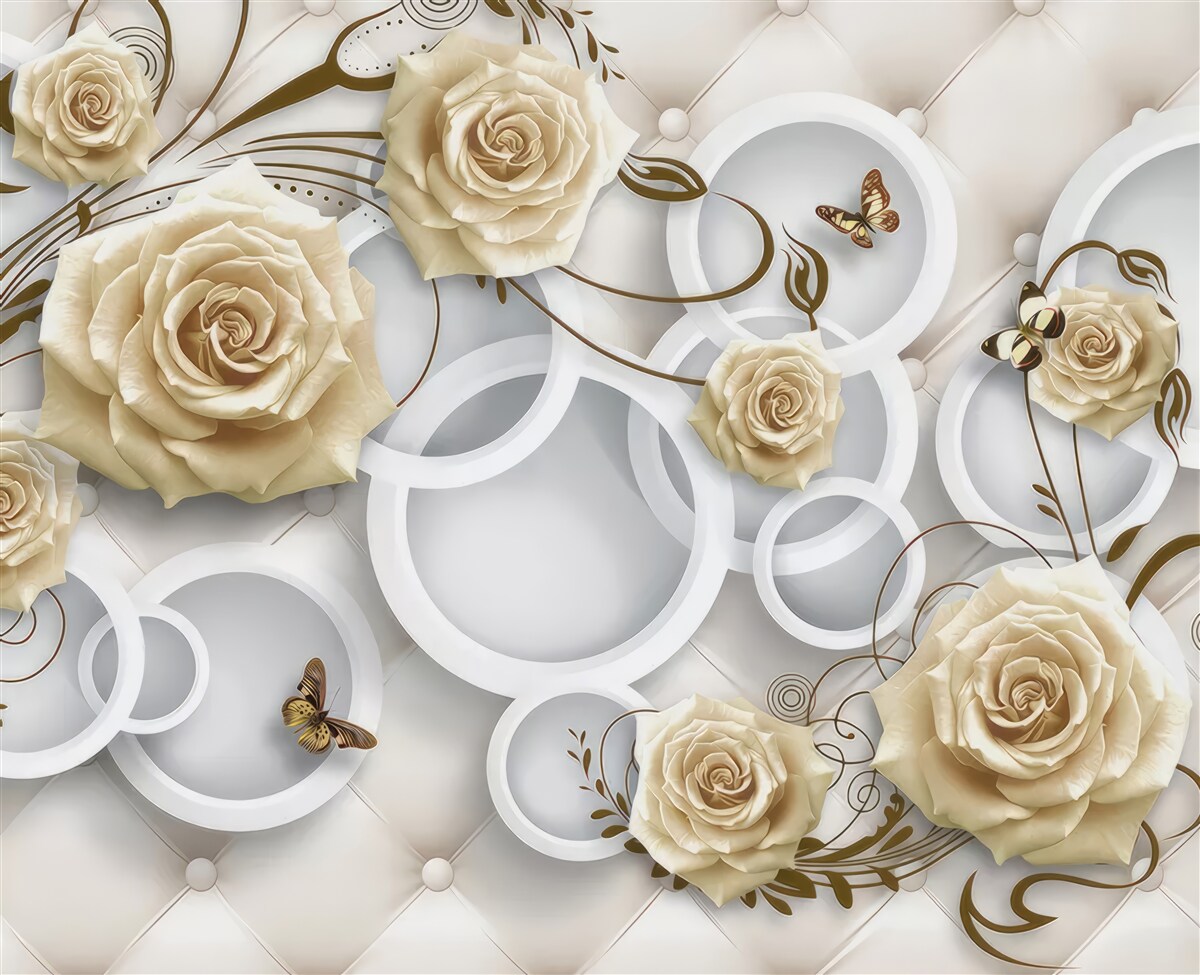 Fototapeten Cremige Rosen und Schmetterlinge