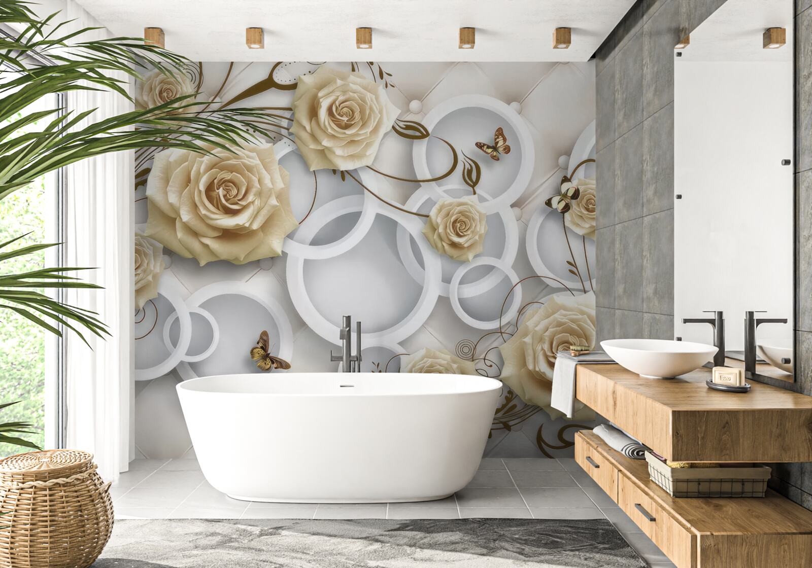 Fototapeten Cremige Rosen und Schmetterlinge