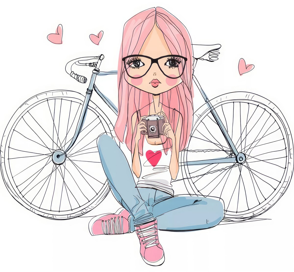 Fototapeten Ein Mädchen mit einer Kamera in den Händen basiert auf einem Fahrrad