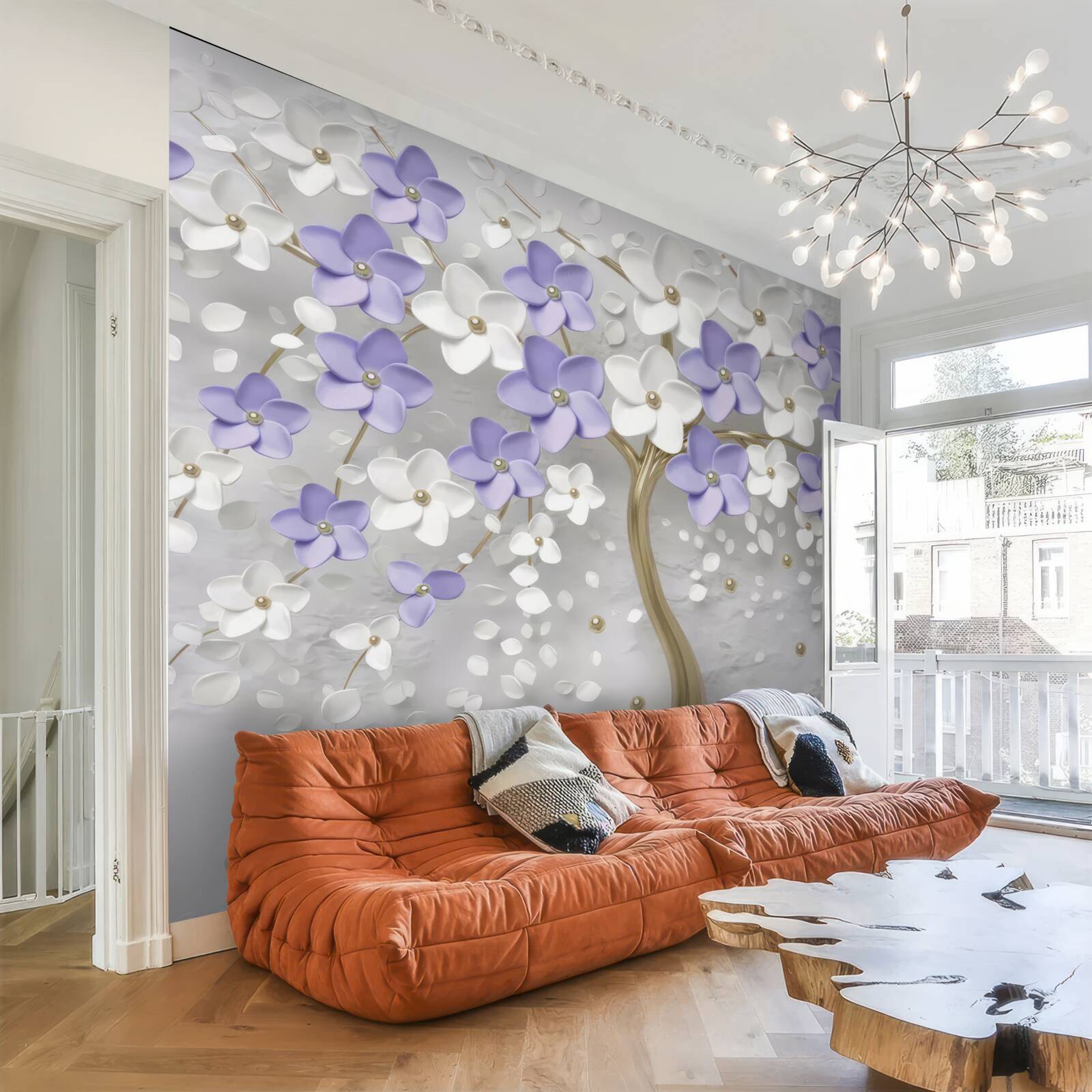 Fototapeten Goldener Baum mit weißen und lila Blüten dekoriert