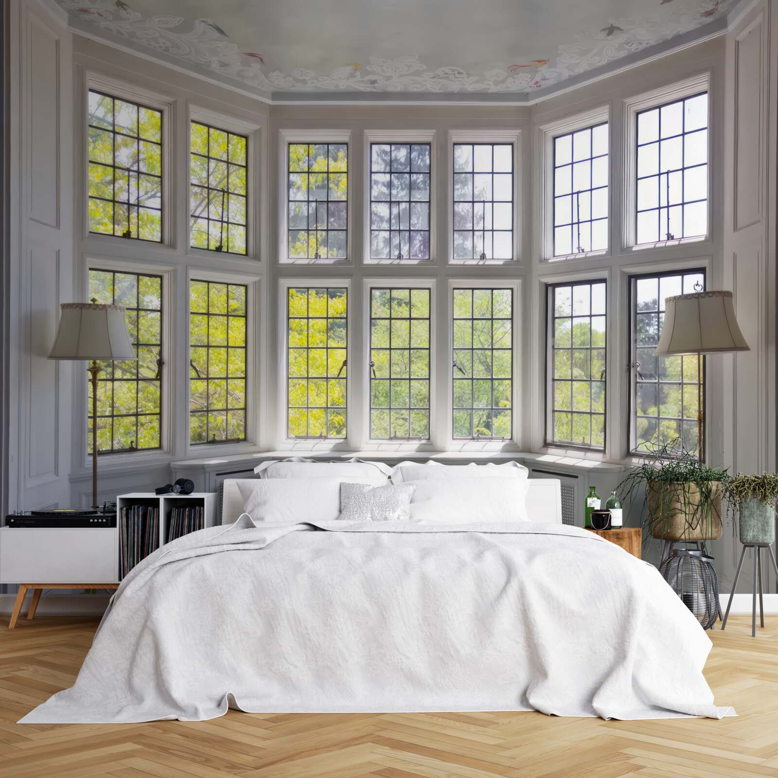 Fototapeten Ein riesiges Fenster, umgeben von Stehlampen