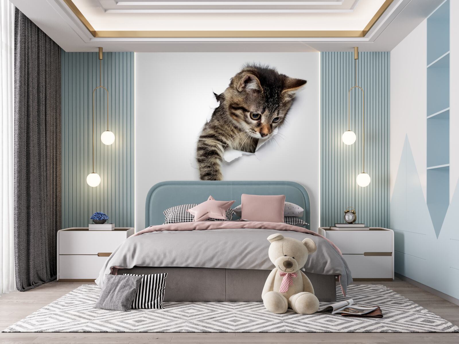 Fototapeten Ein Kätzchen taucht aus der weißen Wand auf