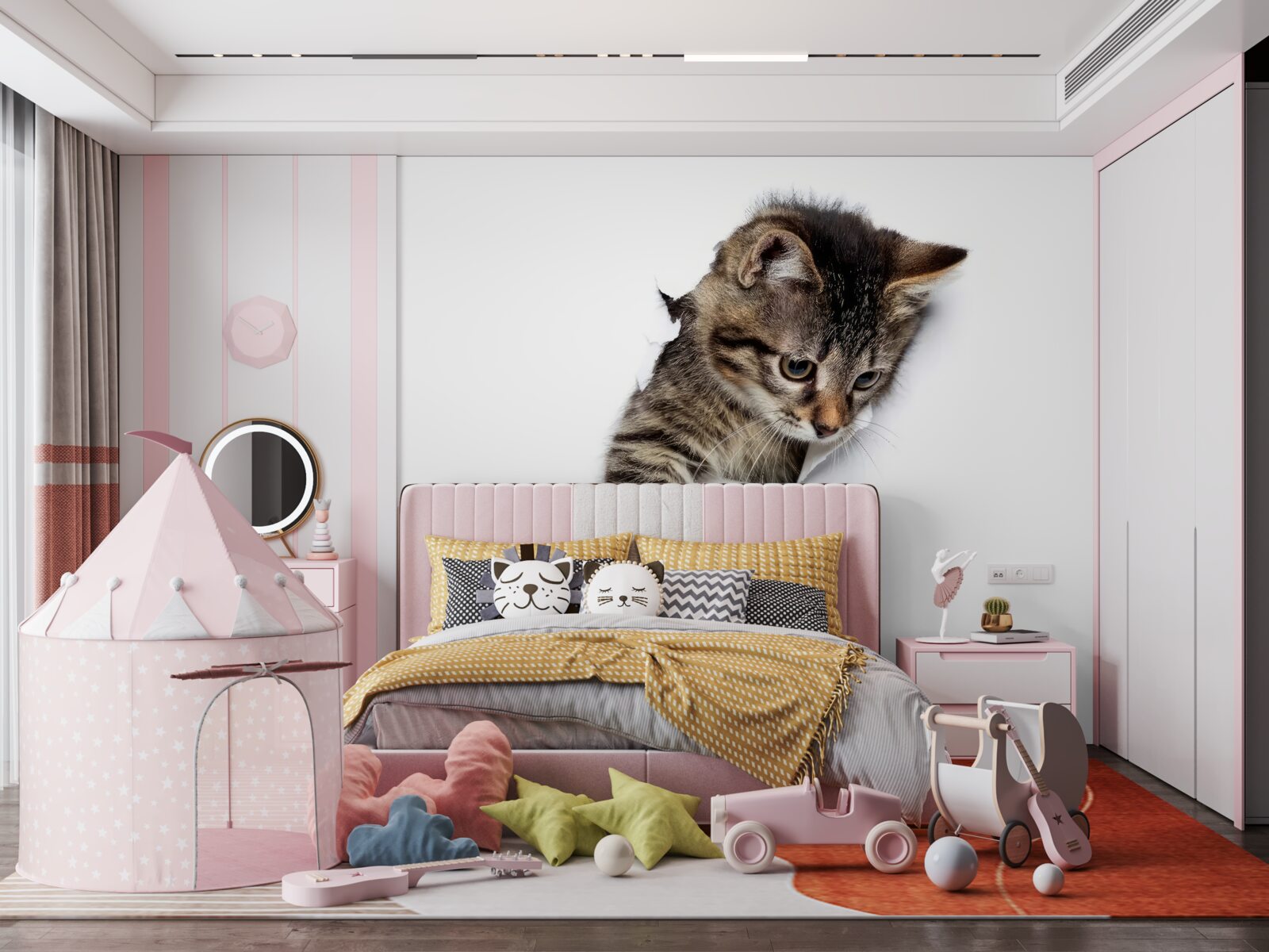 Fototapeten Ein Kätzchen taucht aus der weißen Wand auf