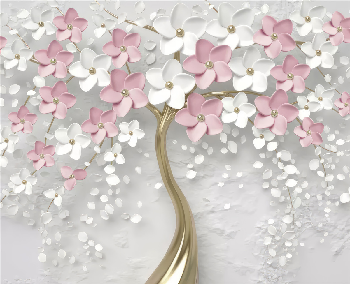 Fototapeten Kleine weiße und rosa Blumen auf einem Baum mit goldenen Blättern