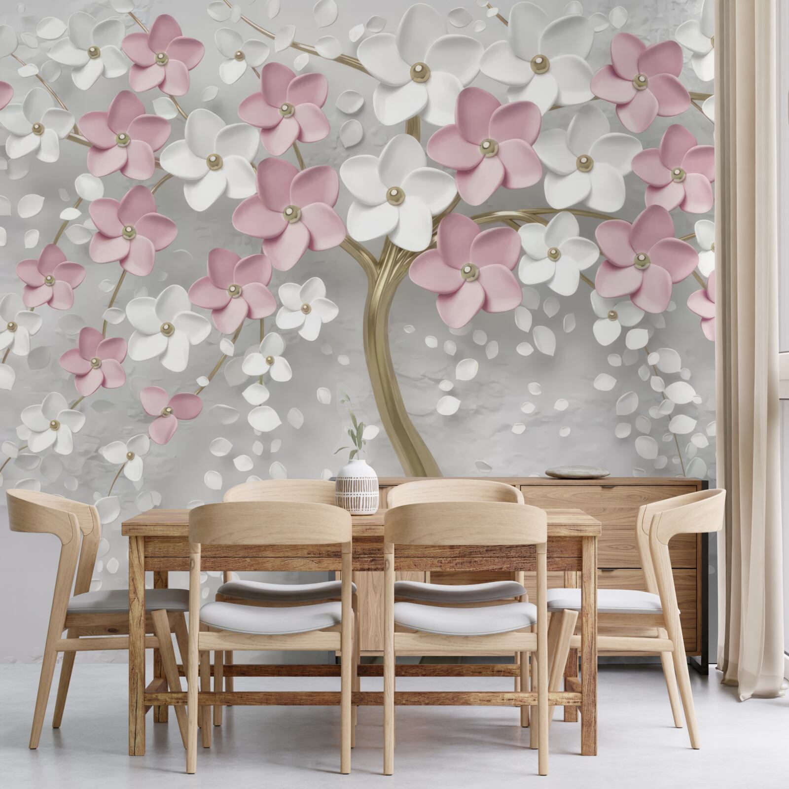 Fototapeten Kleine weiße und rosa Blumen auf einem Baum mit goldenen Blättern