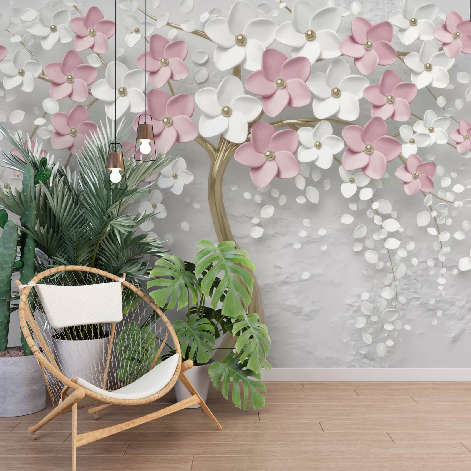 Fototapeten Kleine weiße und rosa Blumen auf einem Baum mit goldenen Blättern