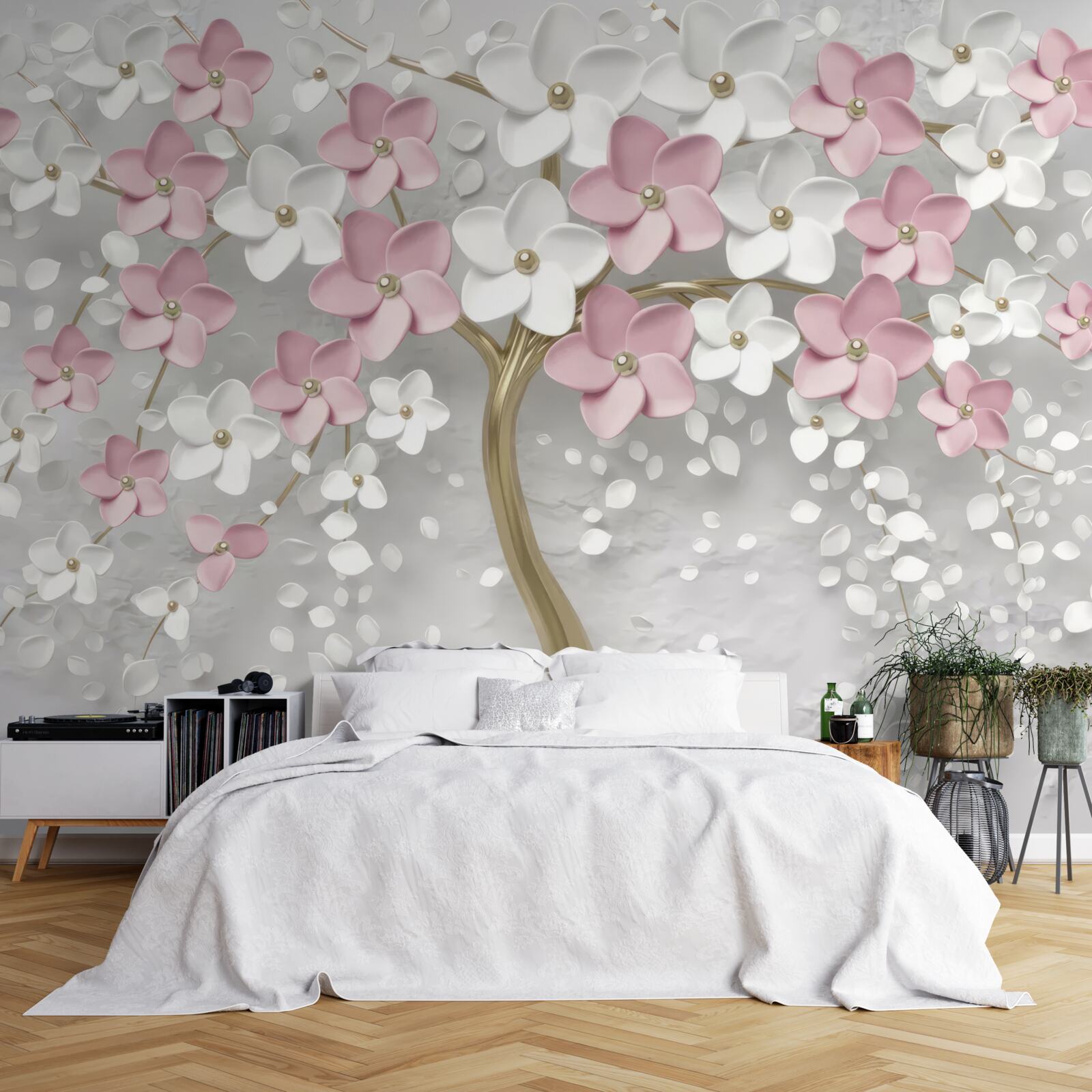 Fototapeten Kleine weiße und rosa Blumen auf einem Baum mit goldenen Blättern