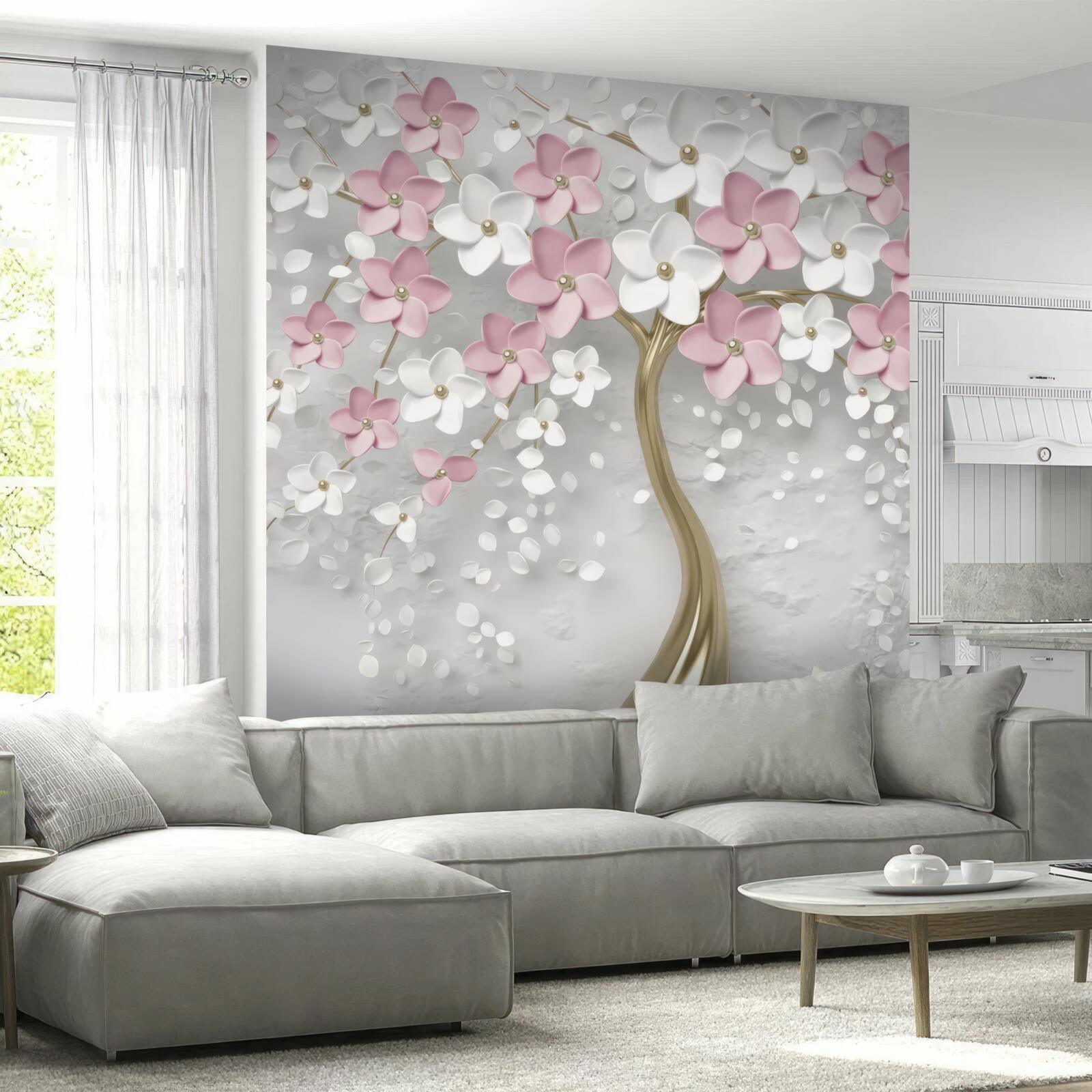 Fototapeten Kleine weiße und rosa Blumen auf einem Baum mit goldenen Blättern