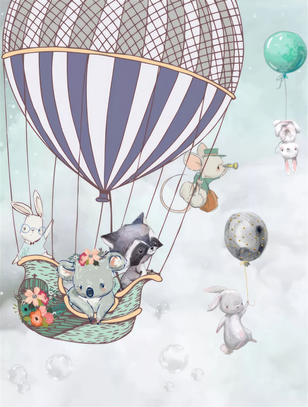 Fototapeten Tiere reisen einen Ballon in beheizte Luft und Luftballons schweben neben ihnen