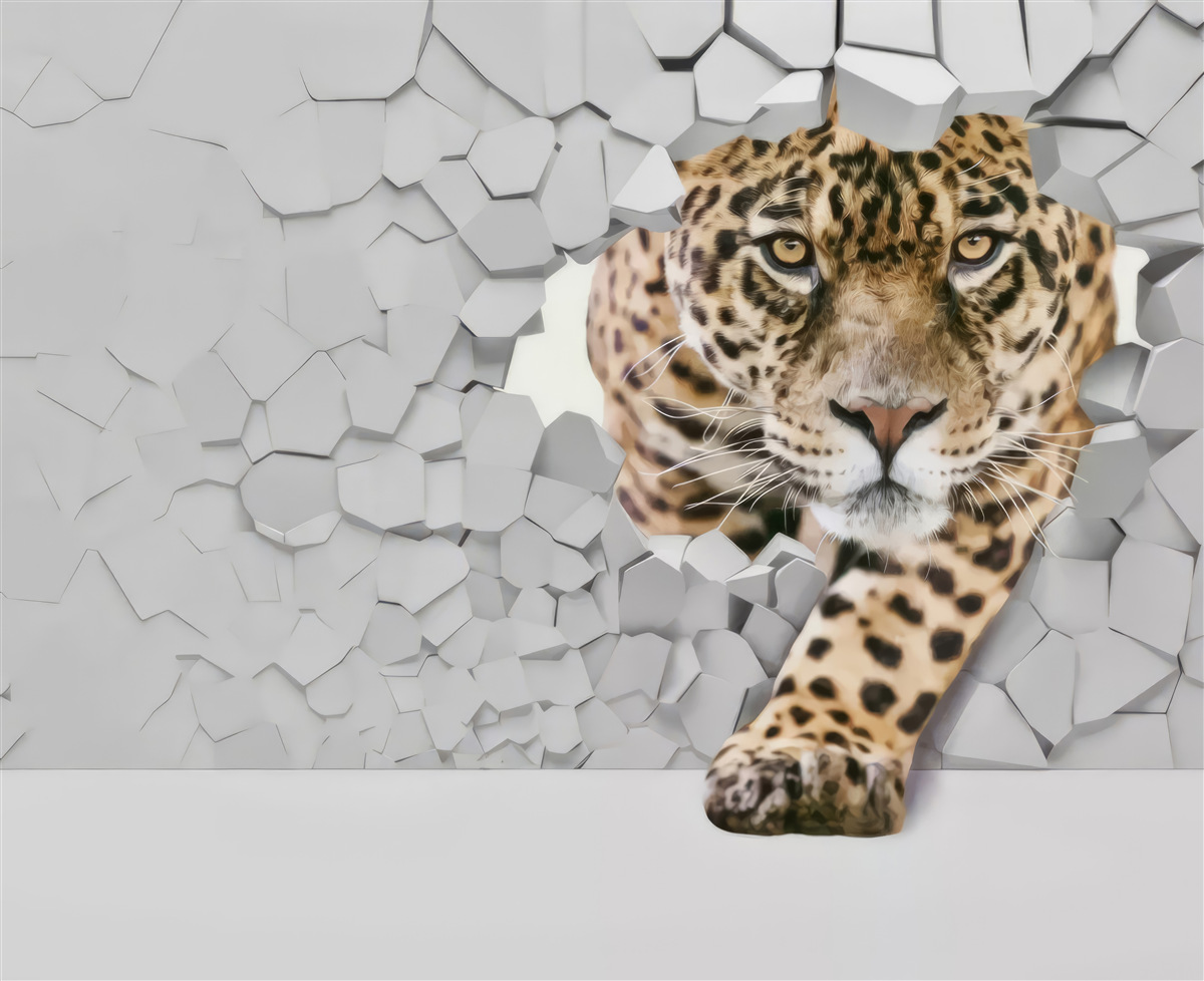 Fototapeten Ein Leoparden taucht aus der weißen Wand auf