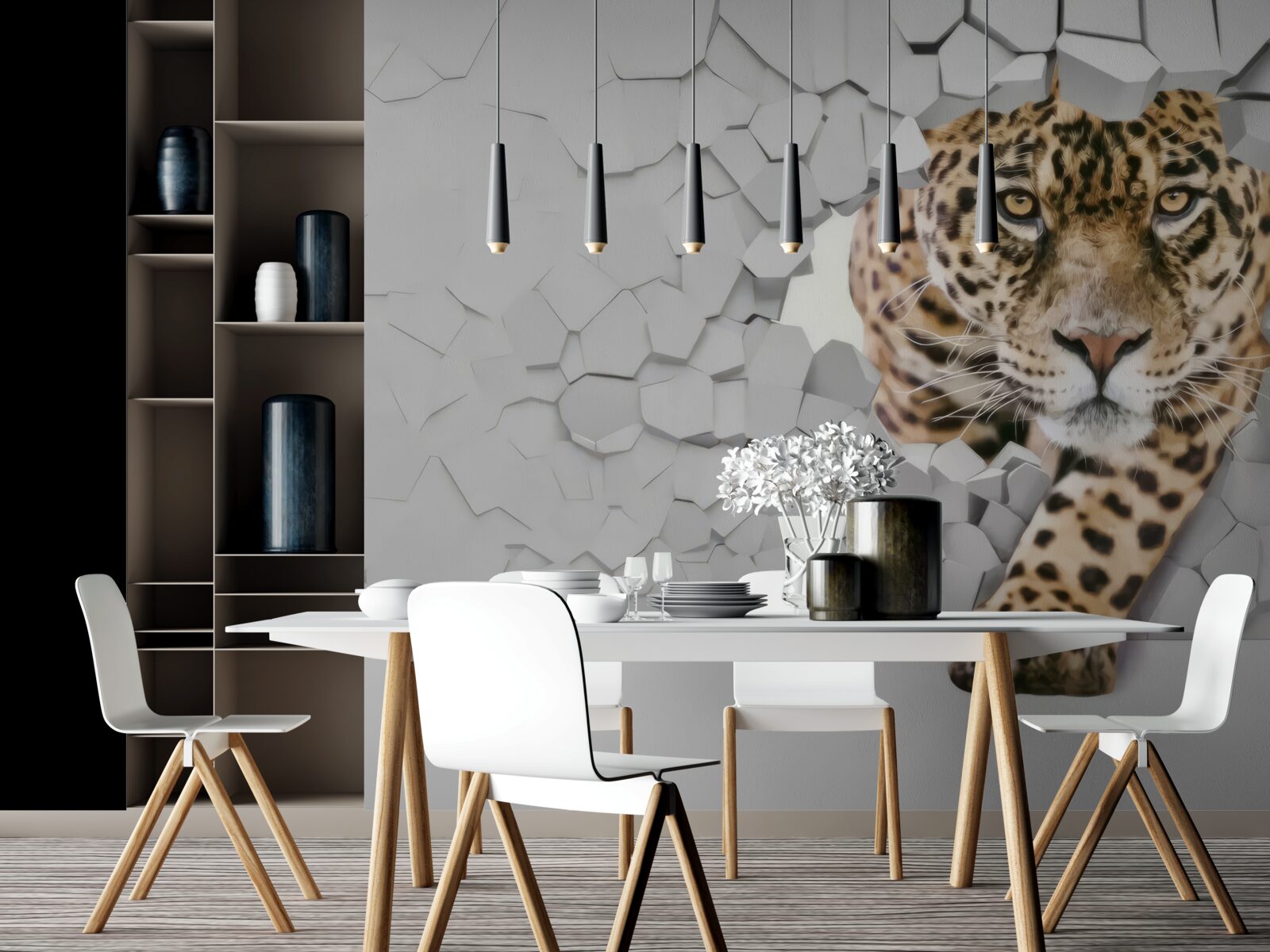 Fototapeten Ein Leoparden taucht aus der weißen Wand auf