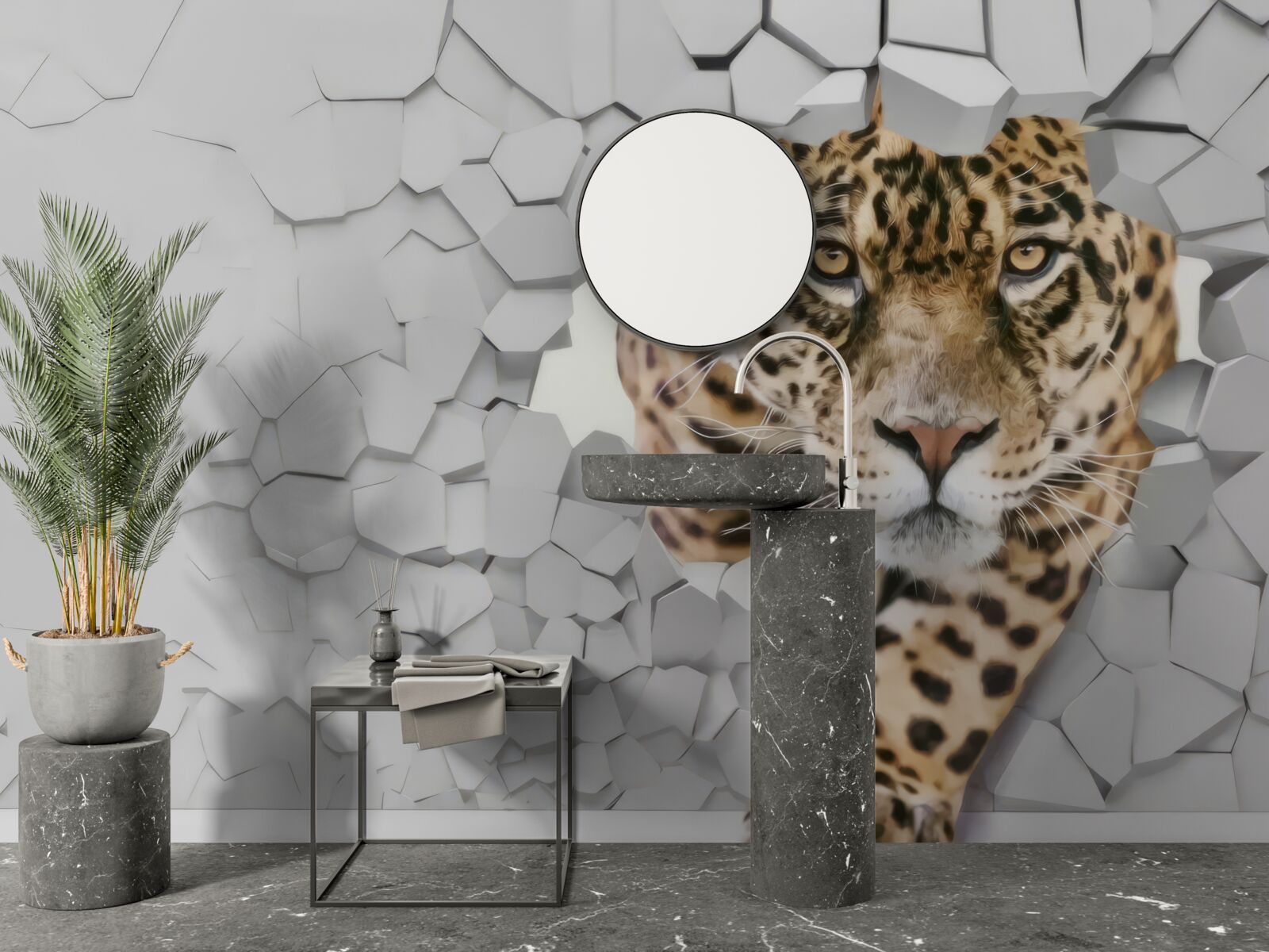 Fototapeten Ein Leoparden taucht aus der weißen Wand auf