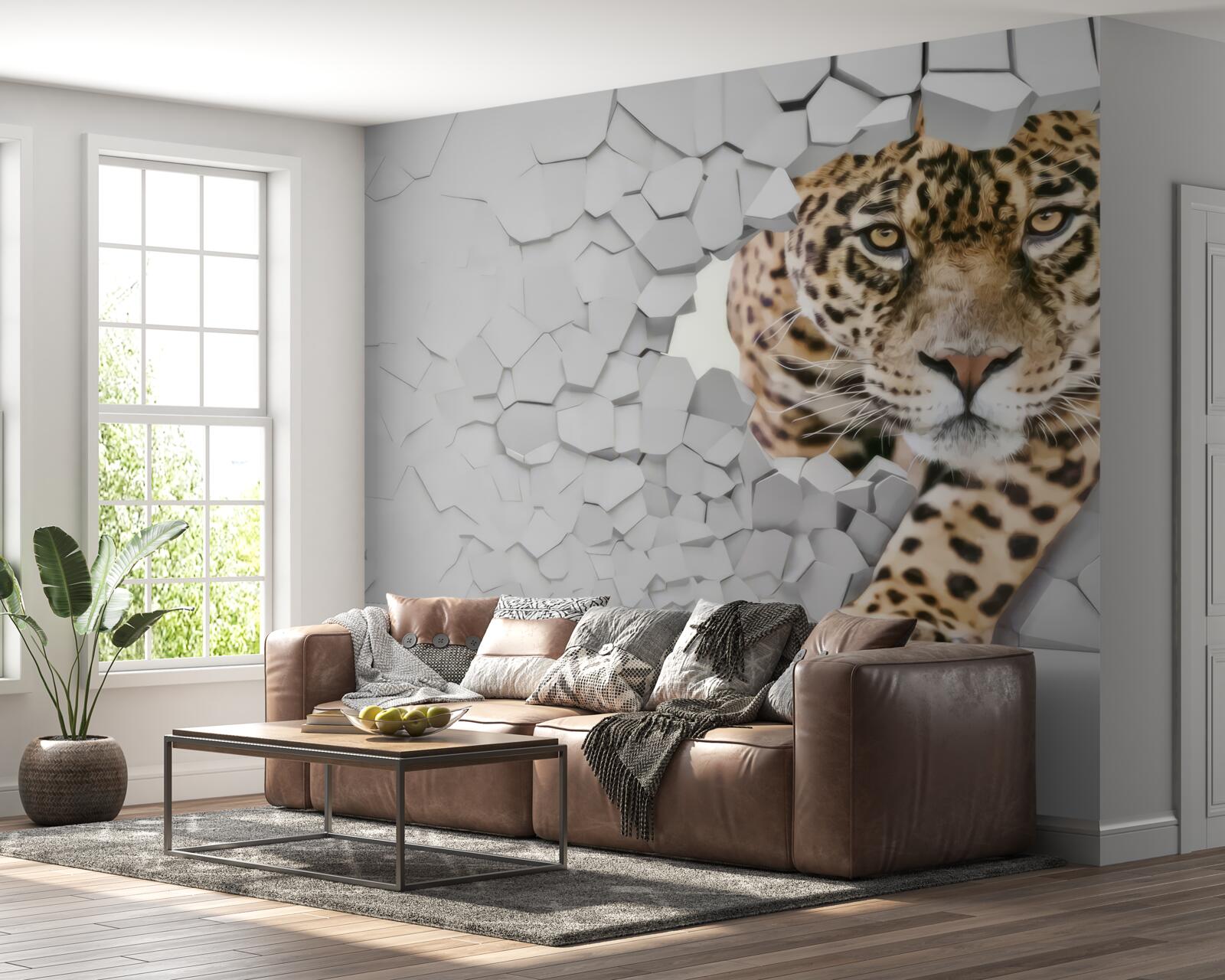 Fototapeten Ein Leoparden taucht aus der weißen Wand auf