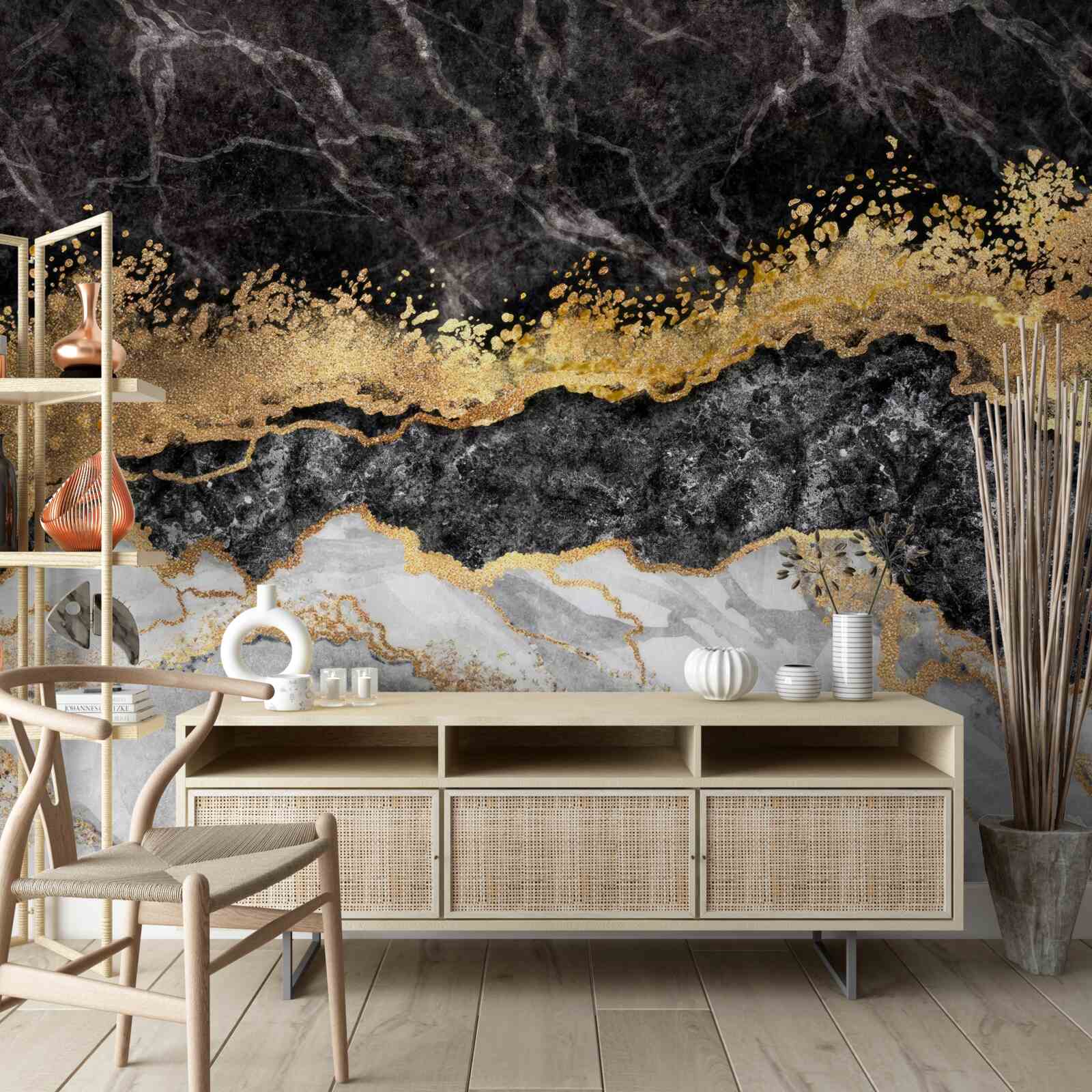 Fototapeten Marmor in Schwarz, Weiß und Gold in Schatten