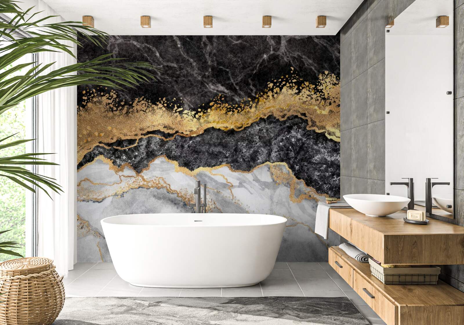 Fototapeten Marmor in Schwarz, Weiß und Gold in Schatten