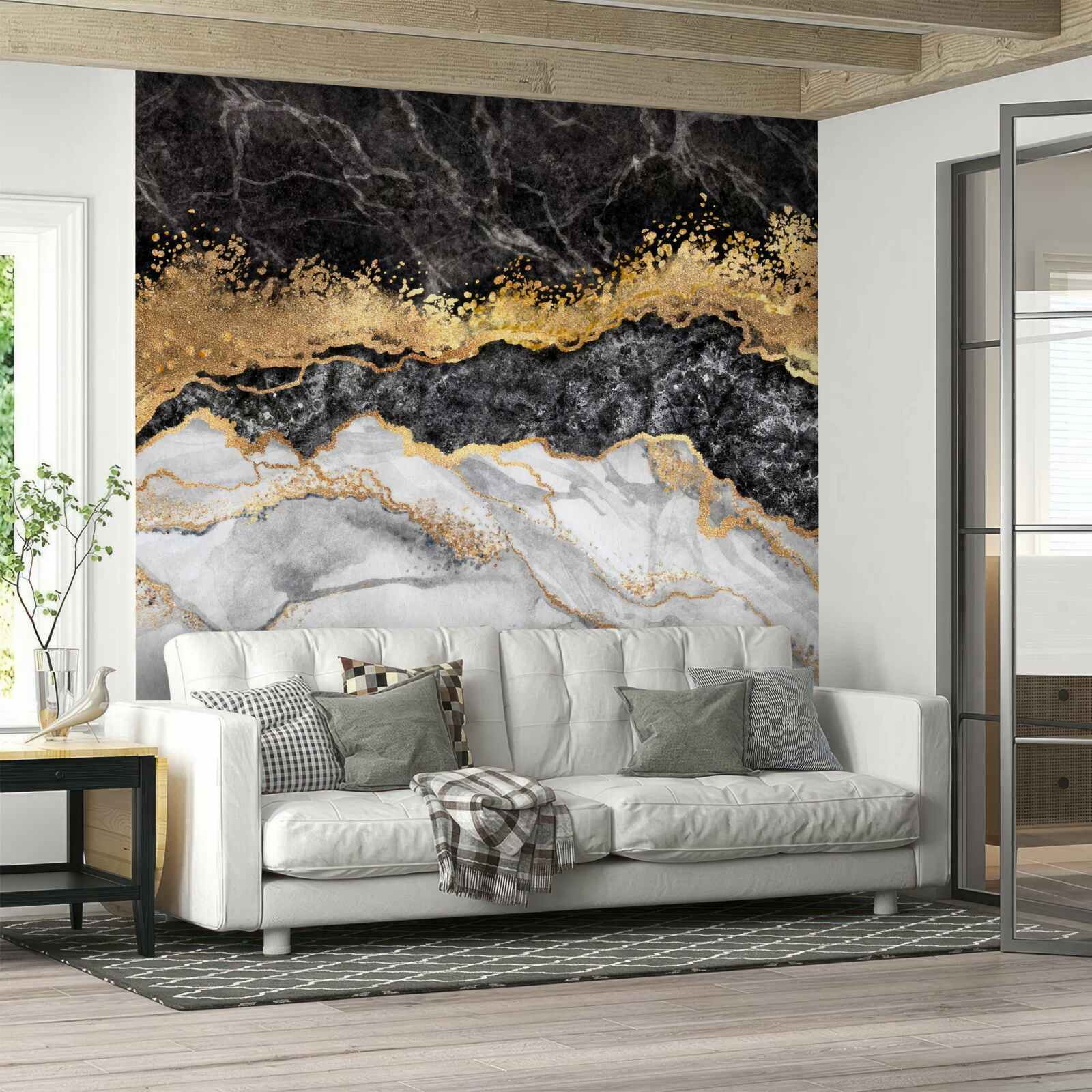 Fototapeten Marmor in Schwarz, Weiß und Gold in Schatten