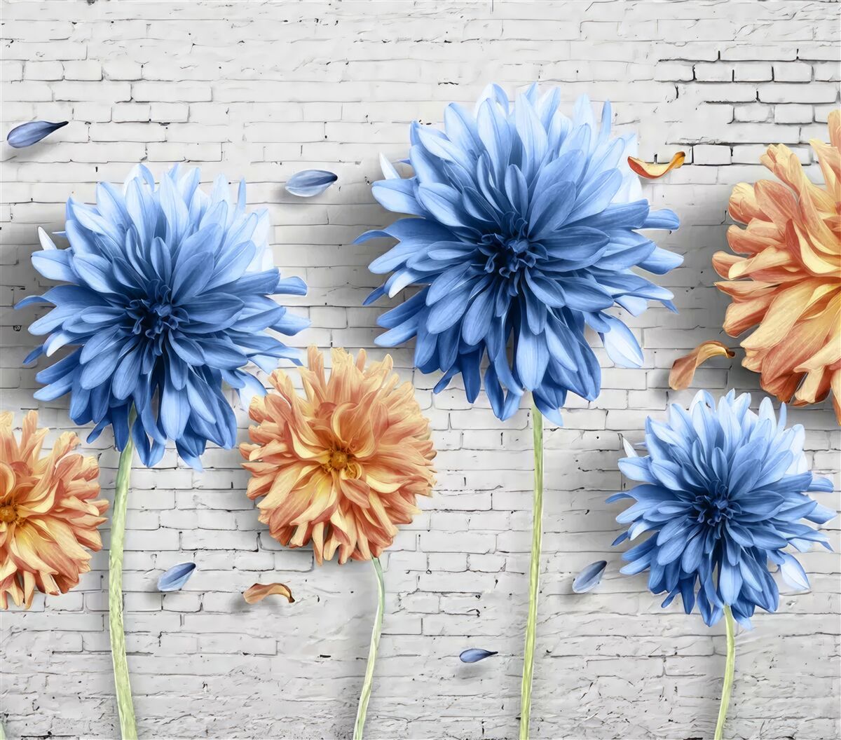 Fototapeten Blumen in braunen und blauen Schatten auf einem Ziegelgrund