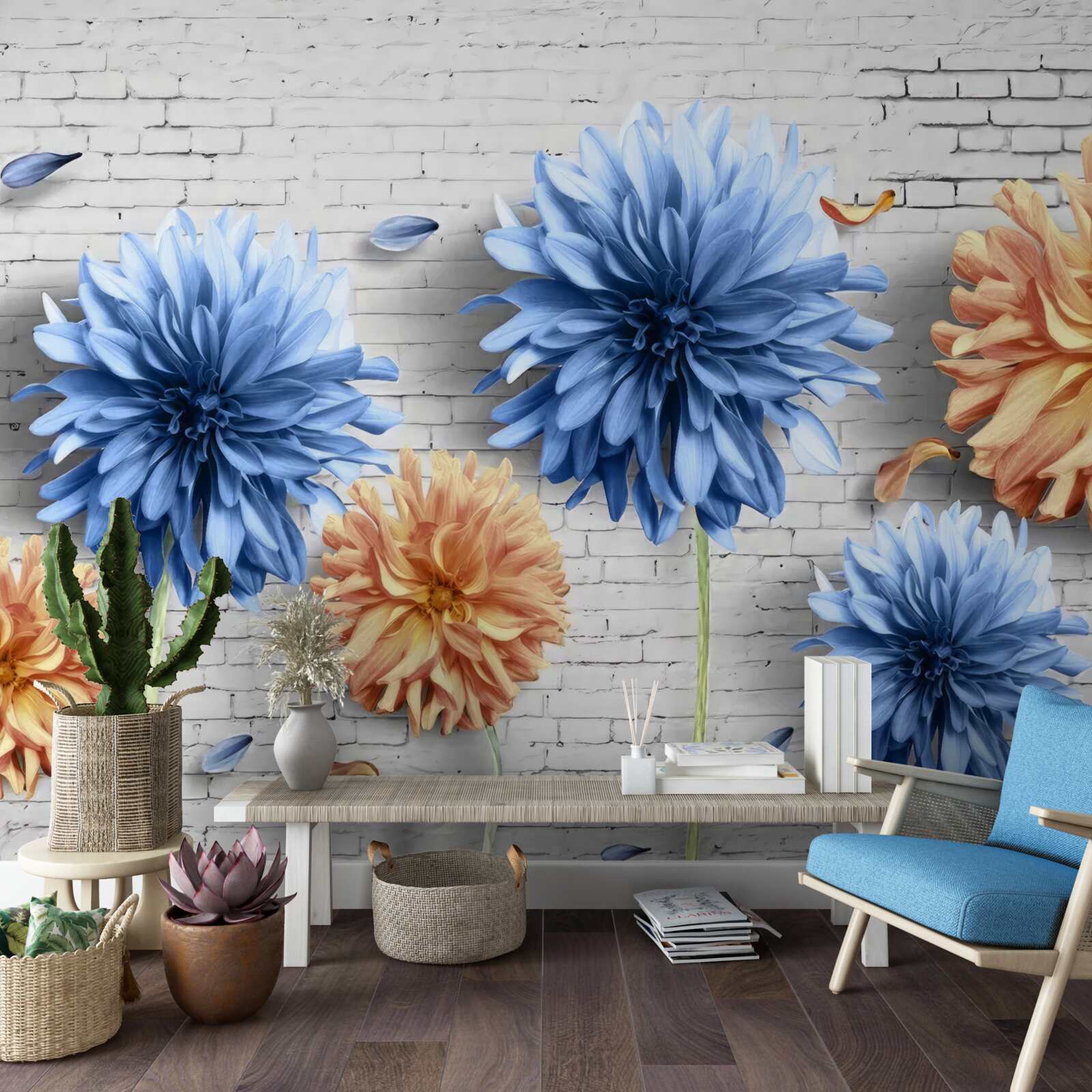 Fototapeten Blumen in braunen und blauen Schatten auf einem Ziegelgrund