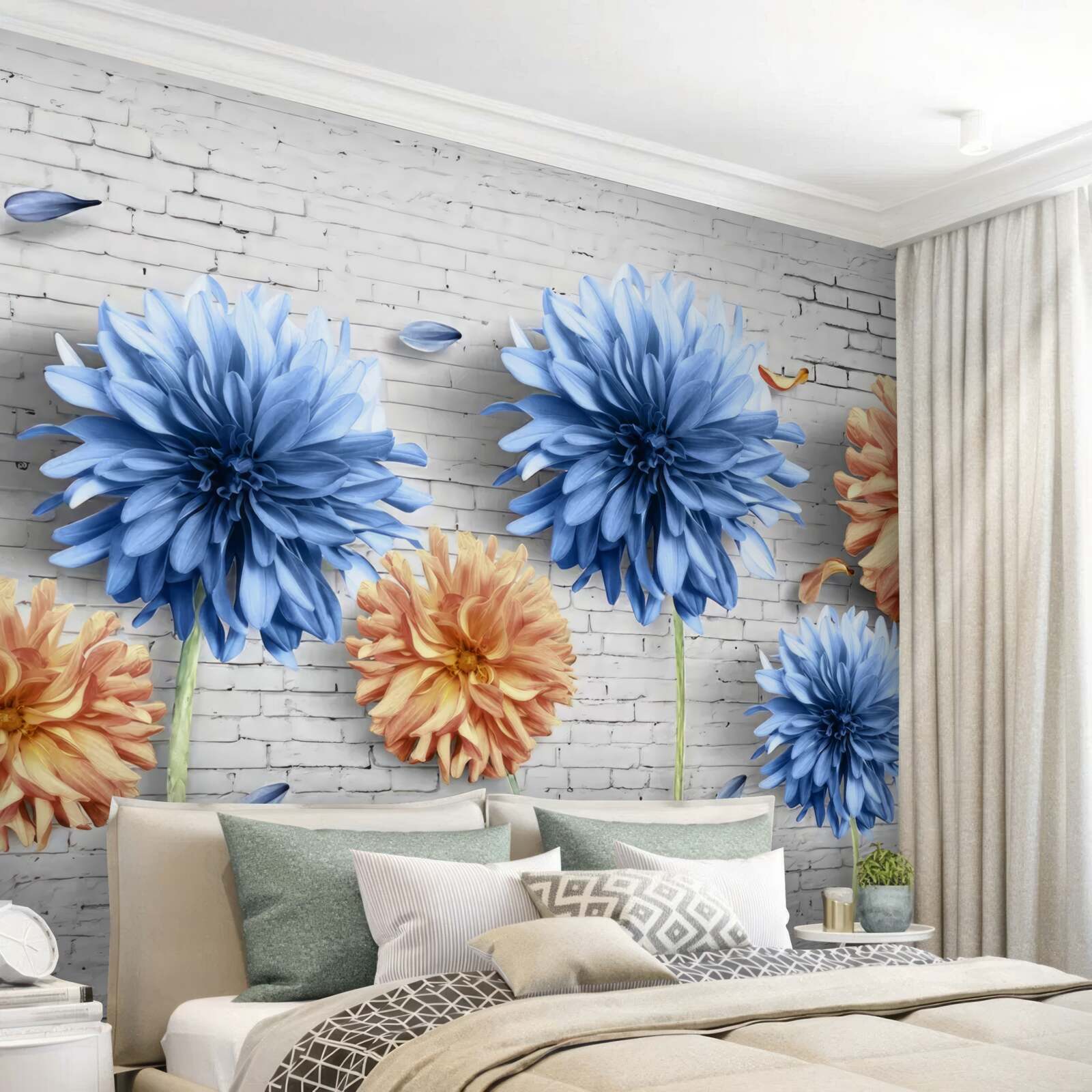 Fototapeten Blumen in braunen und blauen Schatten auf einem Ziegelgrund