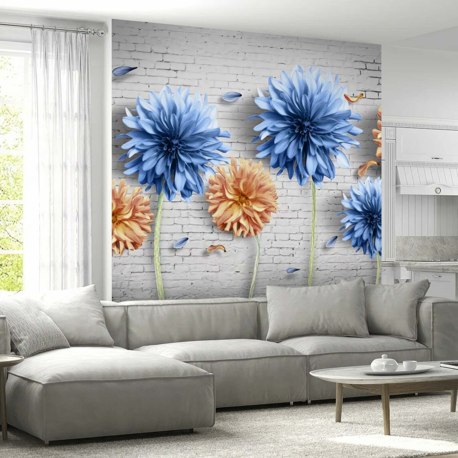 Fototapeten Blumen in braunen und blauen Schatten auf einem Ziegelgrund