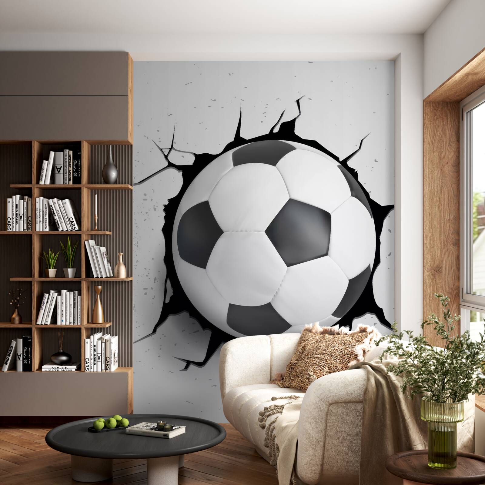 Fototapeten Fußball ragt aus der Wand heraus