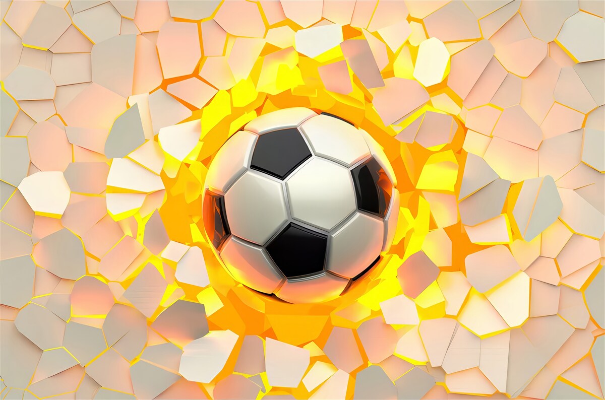 Fototapeten Der Ball bricht durch die Wand und gibt den goldenen Glühen aus