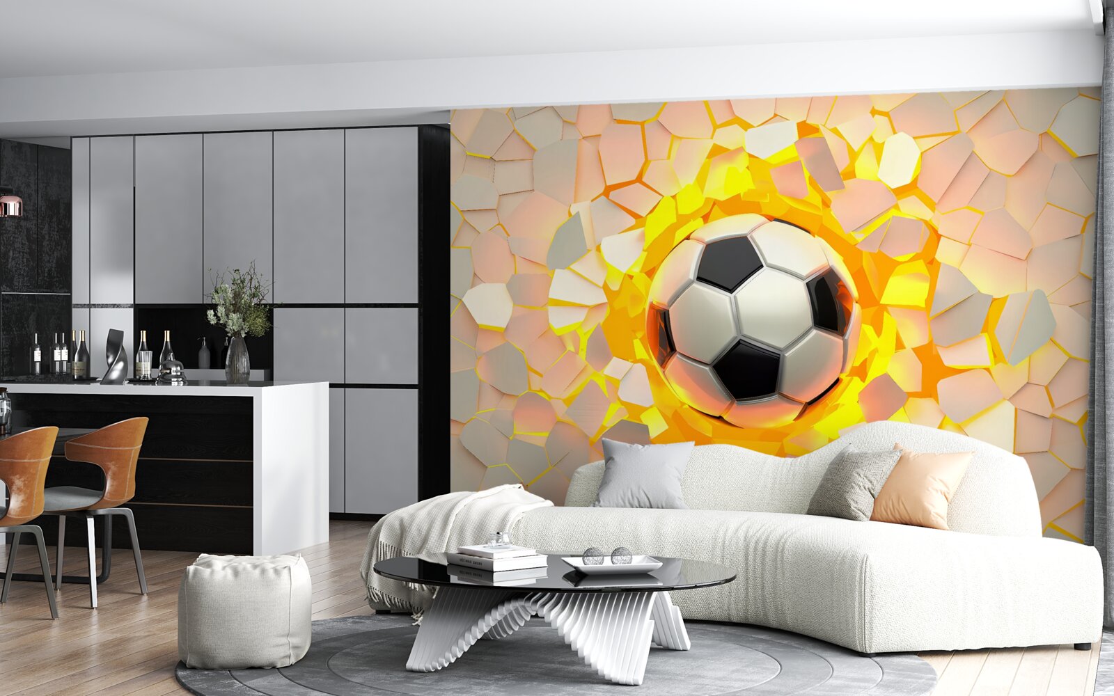 Fototapeten Der Ball bricht durch die Wand und gibt den goldenen Glühen aus