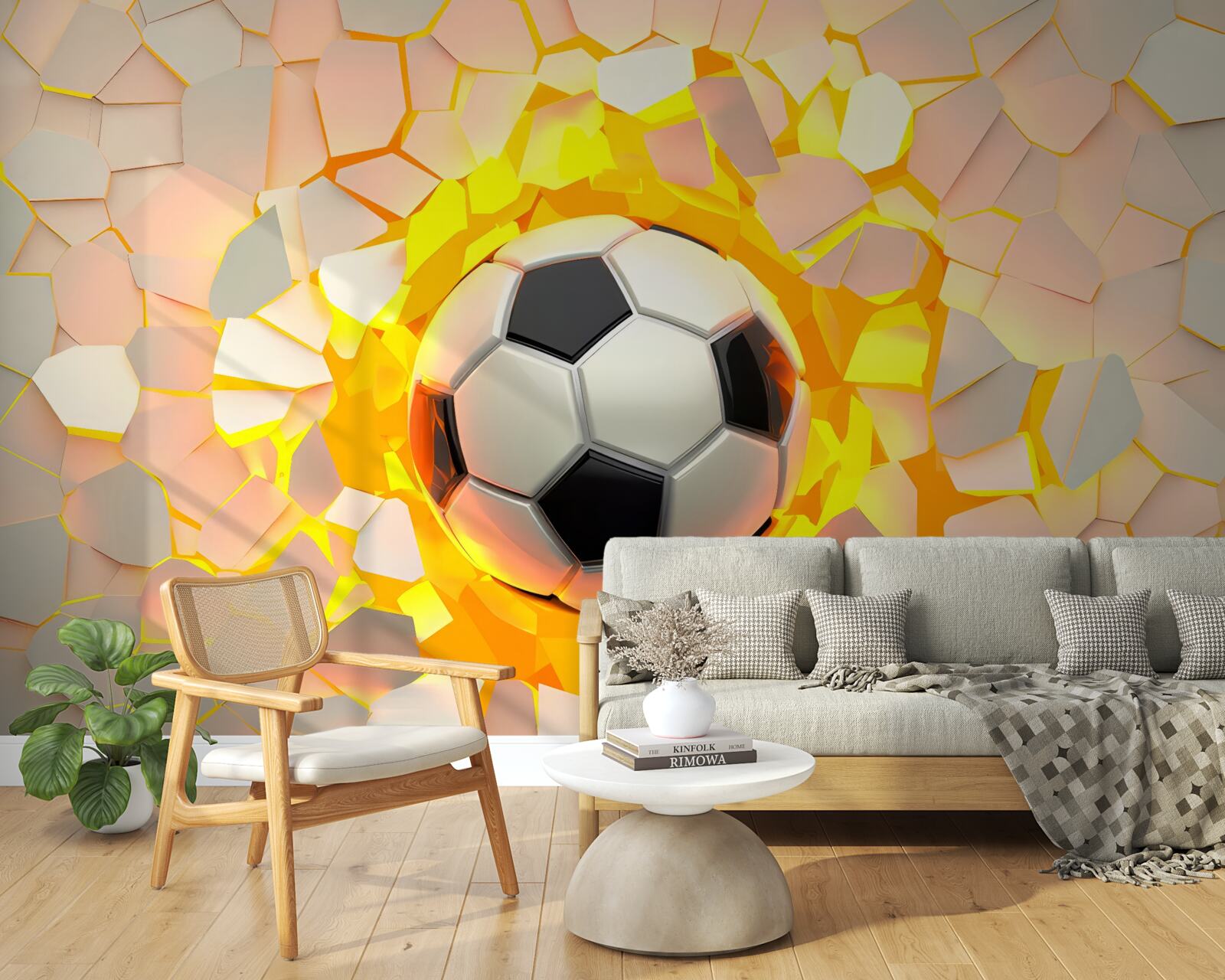 Fototapeten Der Ball bricht durch die Wand und gibt den goldenen Glühen aus