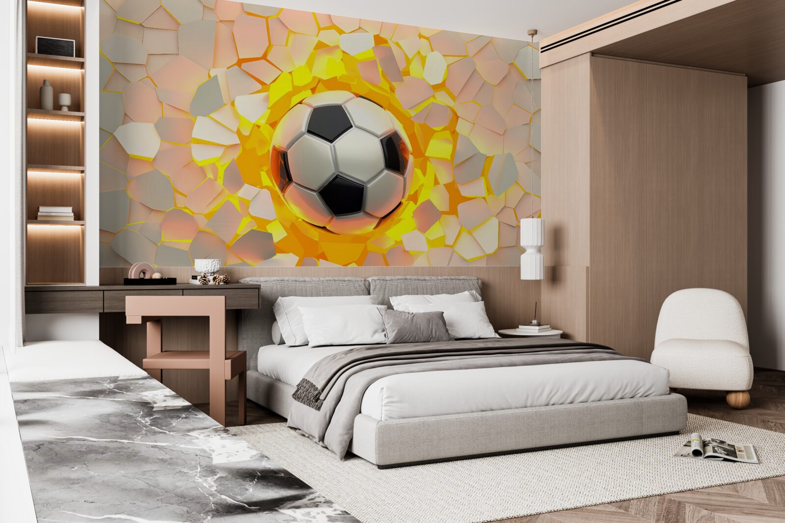 Fototapeten Der Ball bricht durch die Wand und gibt den goldenen Glühen aus