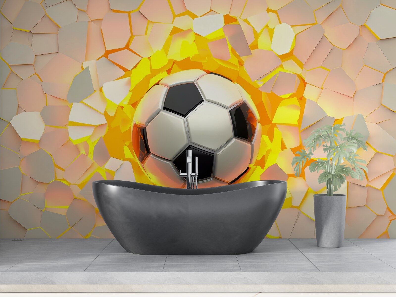 Fototapeten Der Ball bricht durch die Wand und gibt den goldenen Glühen aus