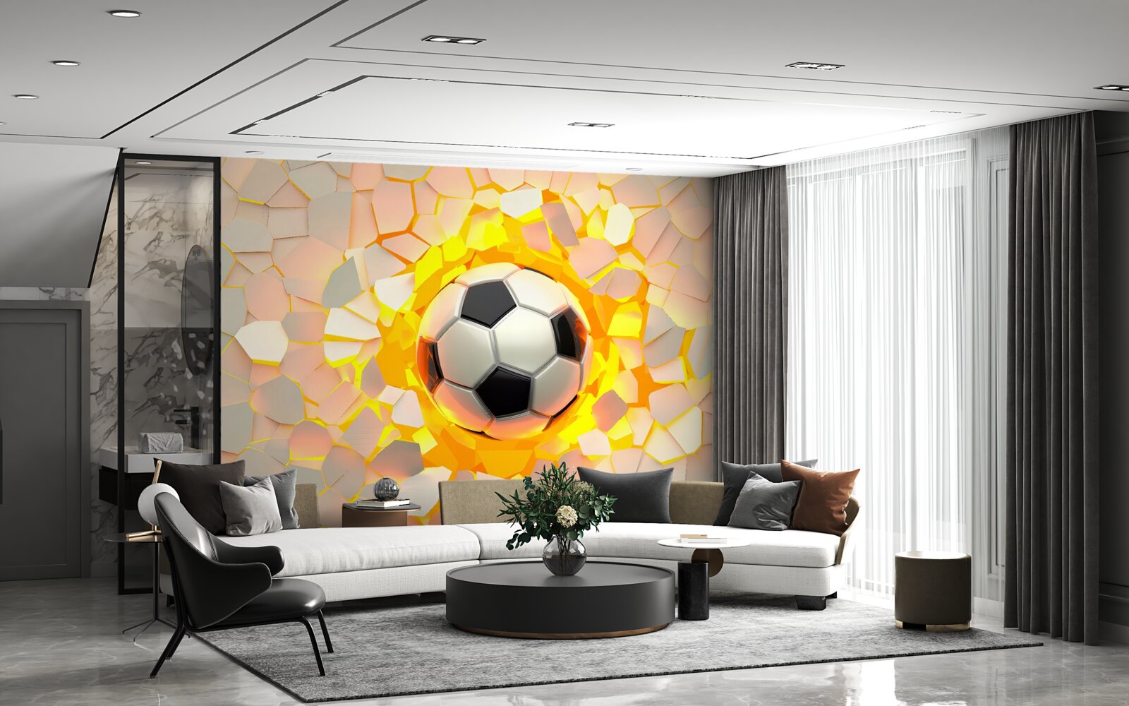 Fototapeten Der Ball bricht durch die Wand und gibt den goldenen Glühen aus