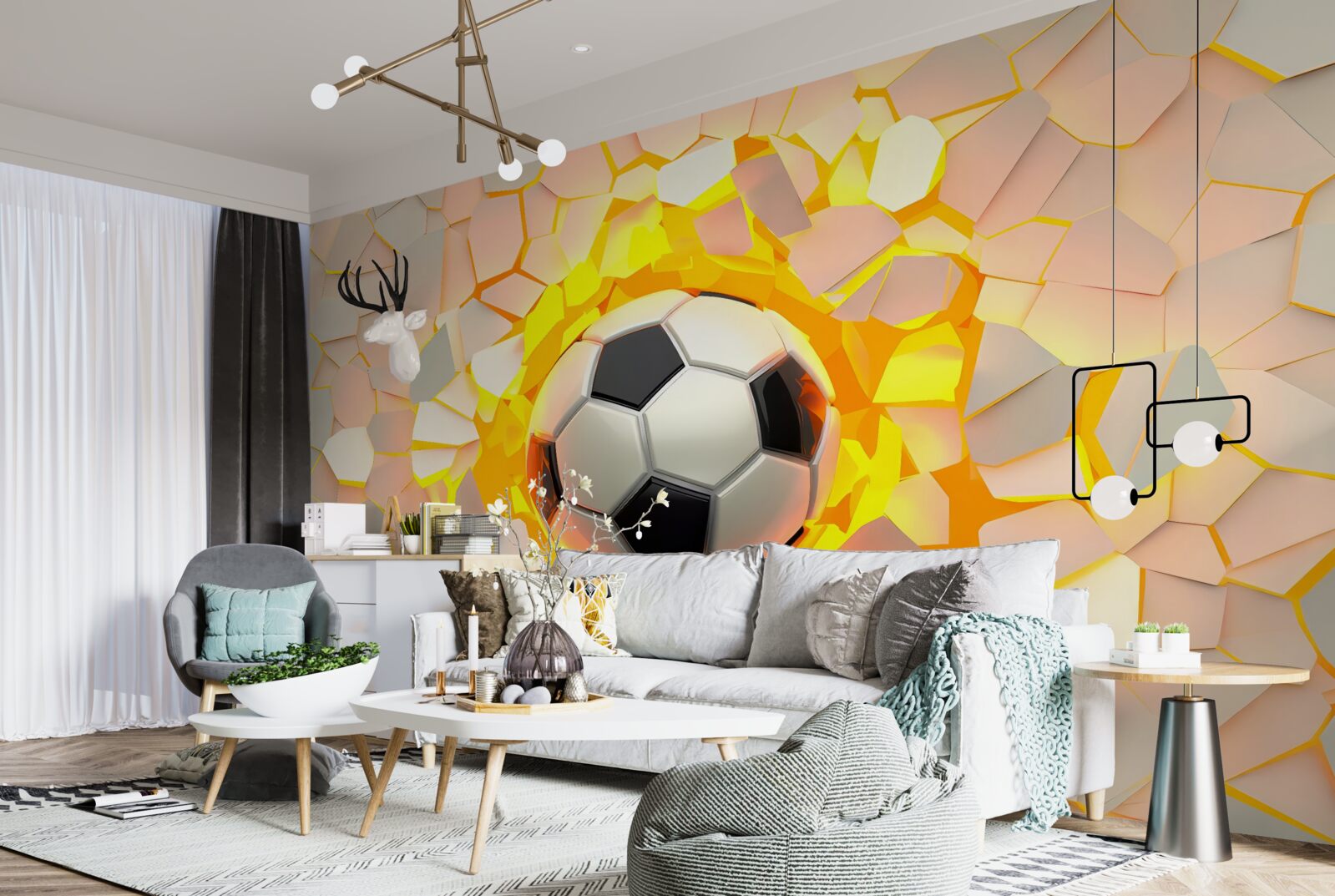 Fototapeten Der Ball bricht durch die Wand und gibt den goldenen Glühen aus