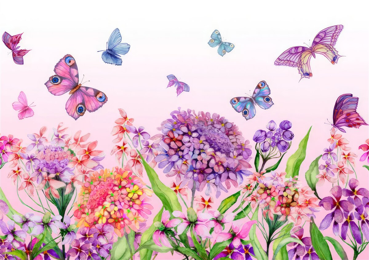 Fototapeten Schmetterlinge fliegen über Blumen