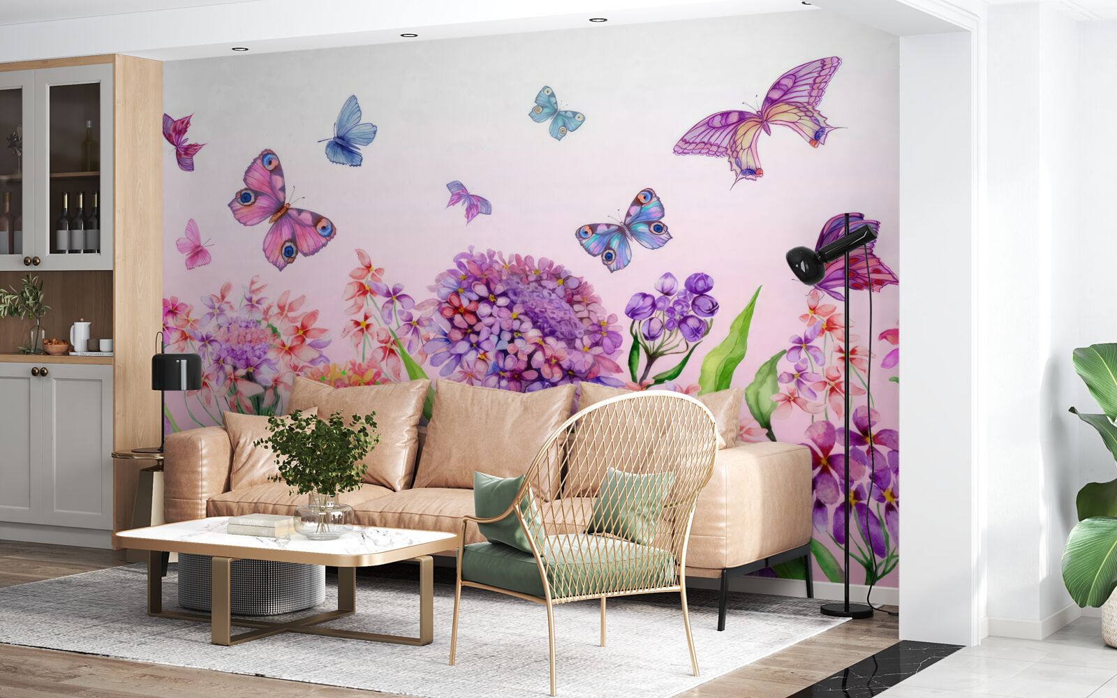 Fototapeten Schmetterlinge fliegen über Blumen