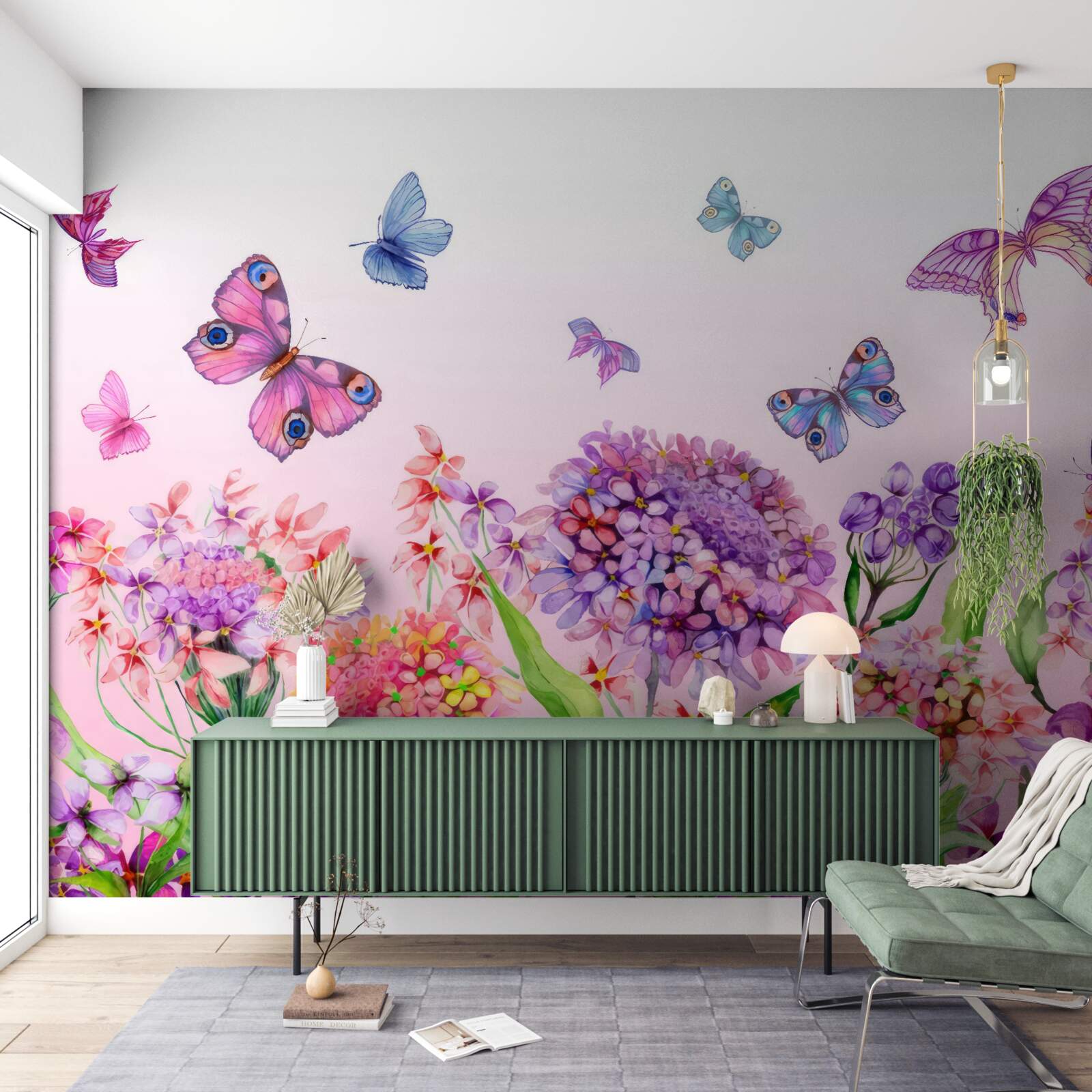 Fototapeten Schmetterlinge fliegen über Blumen
