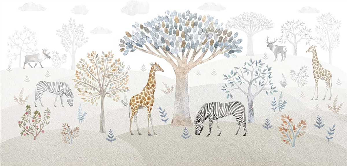 Fototapeten Giraffen, Zebra und Hirsche leben im Wald