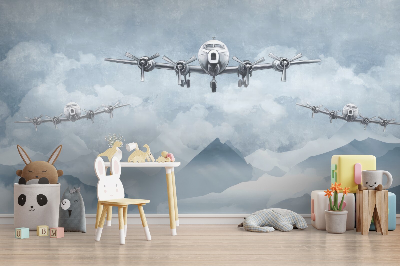 Fototapeten Drei Flugzeuge fliegen über die Berge