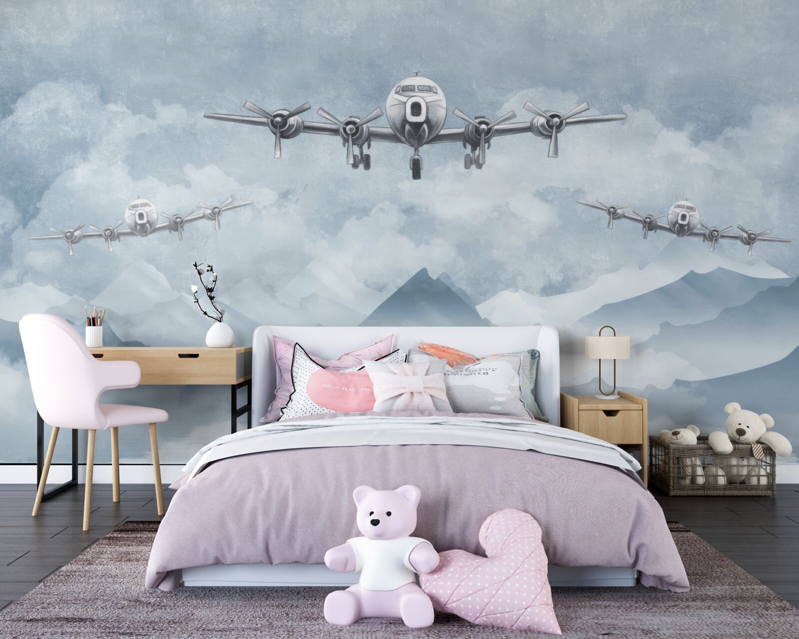 Fototapeten Drei Flugzeuge fliegen über die Berge
