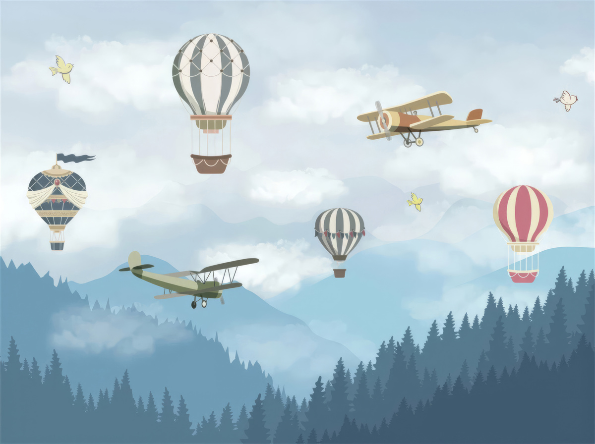 Fototapeten Luftballons und Flugzeuge fliegen über die Berggipfel
