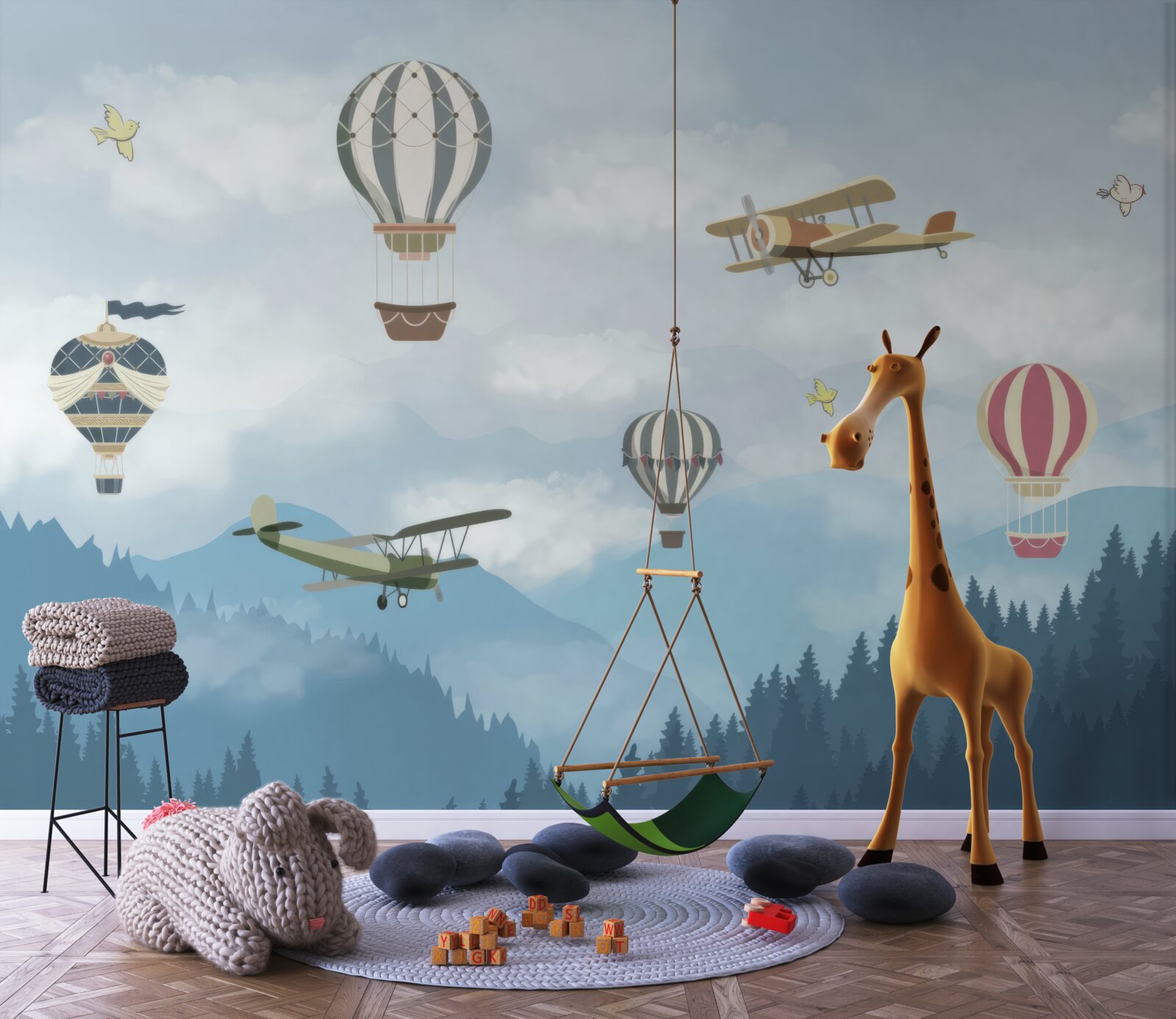 Fototapeten Luftballons und Flugzeuge fliegen über die Berggipfel