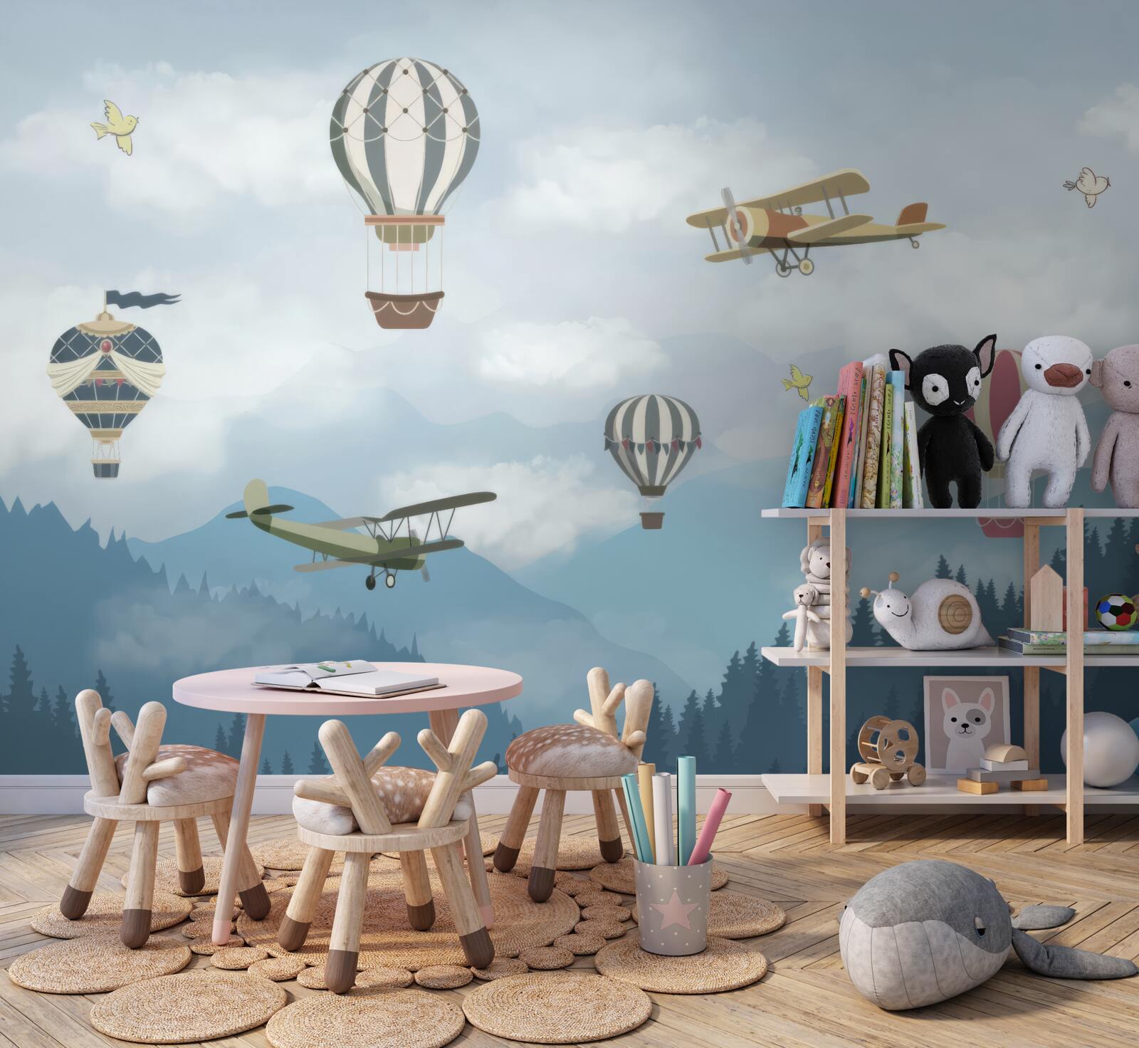 Fototapeten Luftballons und Flugzeuge fliegen über die Berggipfel