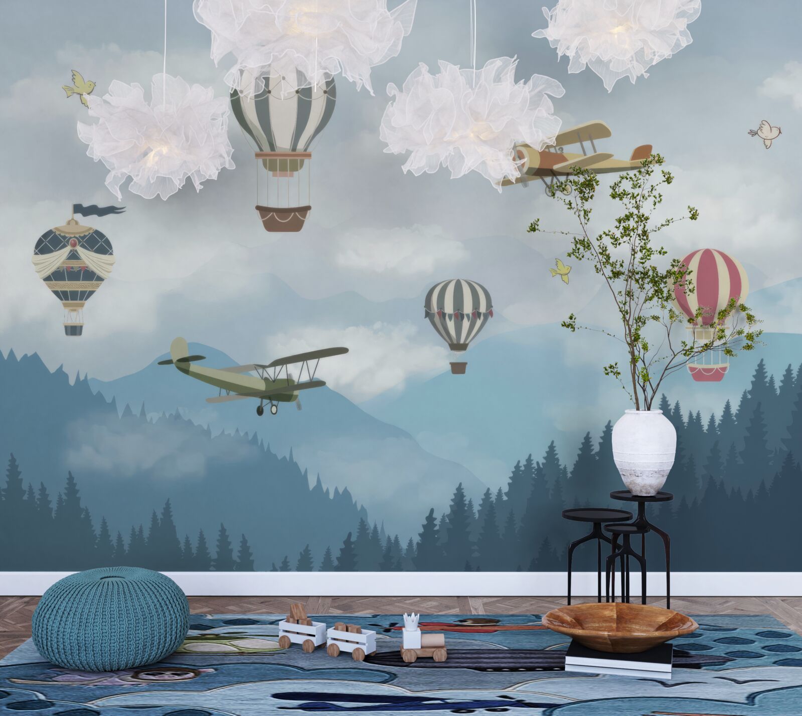 Fototapeten Luftballons und Flugzeuge fliegen über die Berggipfel