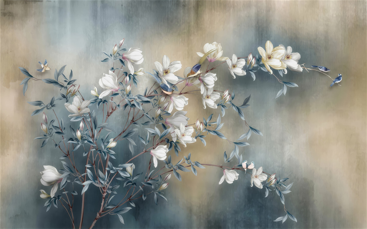 Fototapeten Zweig mit weißen Blüten bedeckt